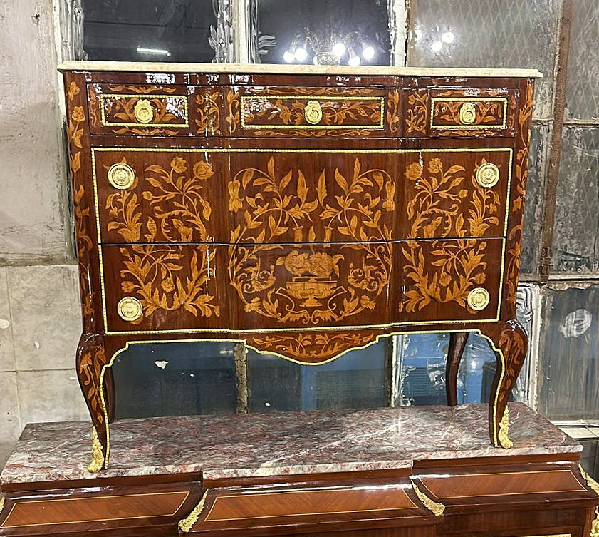 French Marquetry Commode Louis XVI Style Marble Topped Furniture Gold Detail