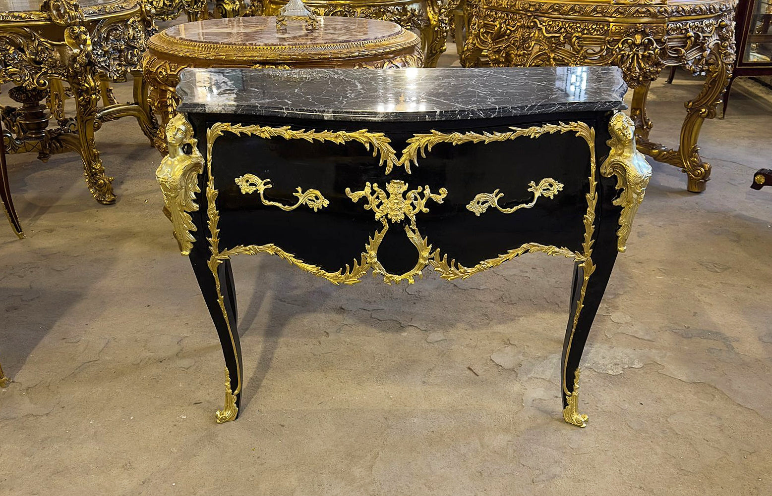 French Style Marble Topped Black Commode With Gold Details