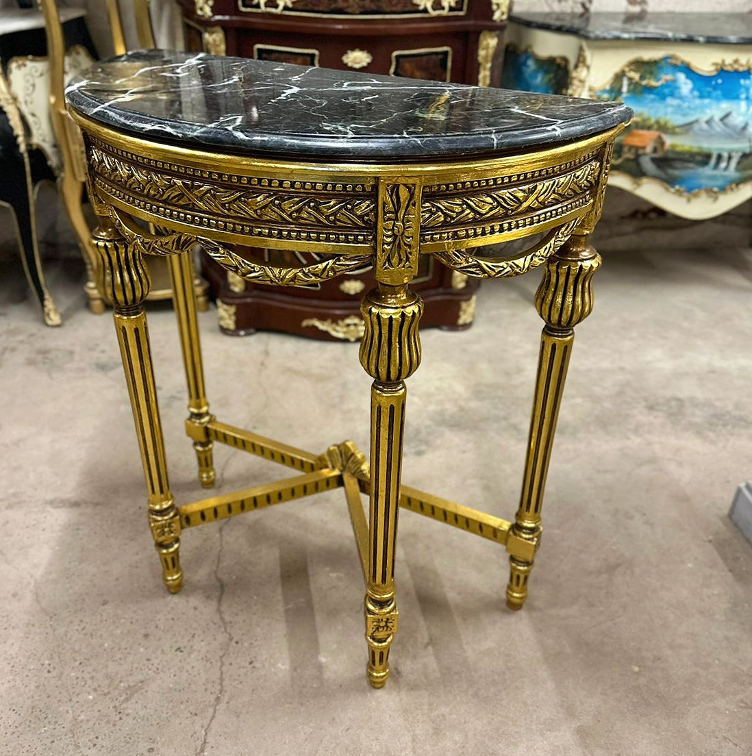 Italian Rococo Style Console Table – Black Marble Top, 33"H x 79"W x 27.5"D