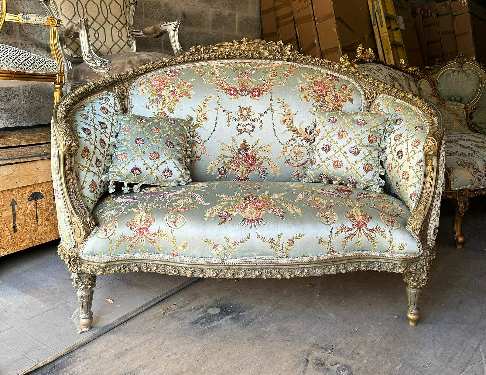 Baroque Style Sky Blue Sofa Interior Design Gold Leaf Details French