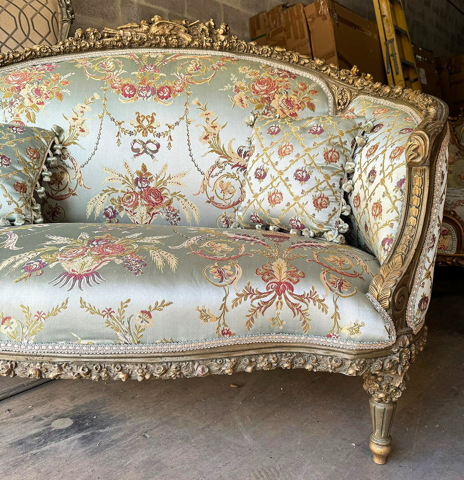 Baroque Style Sky Blue Sofa Interior Design Gold Leaf Details French