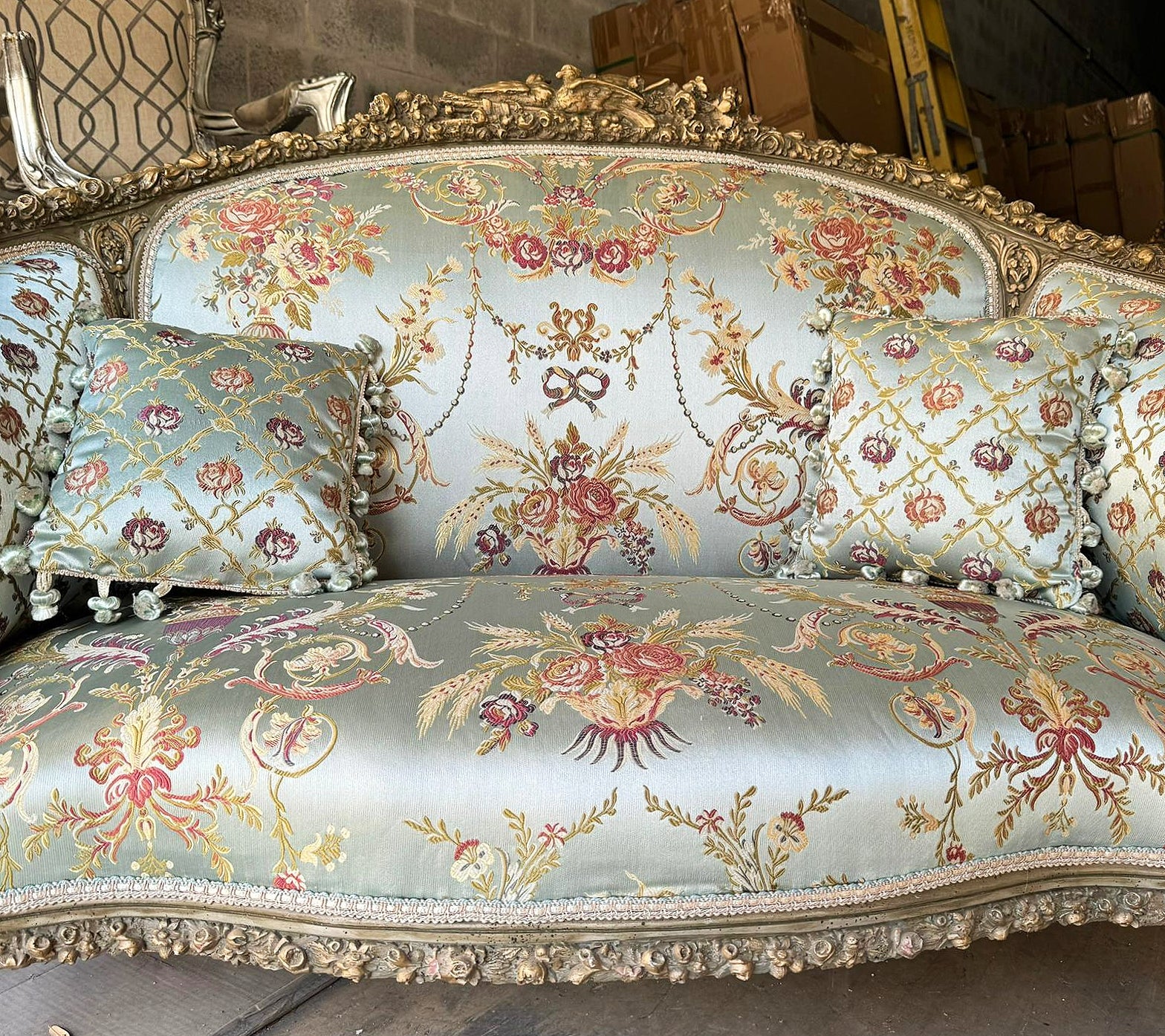 Baroque Style Sky Blue Sofa Interior Design Gold Leaf Details French
