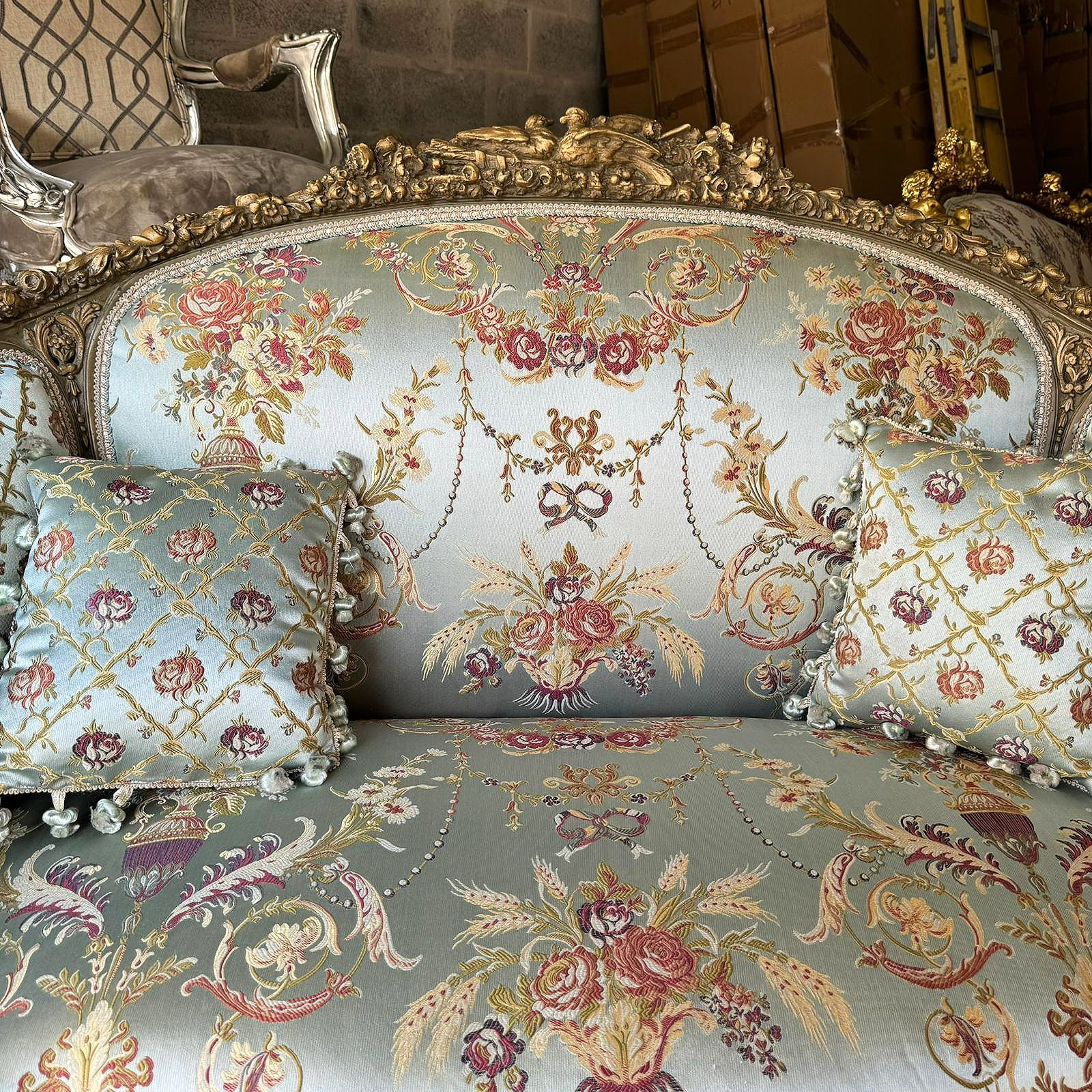 Baroque Style Sky Blue Sofa Interior Design Gold Leaf Details French