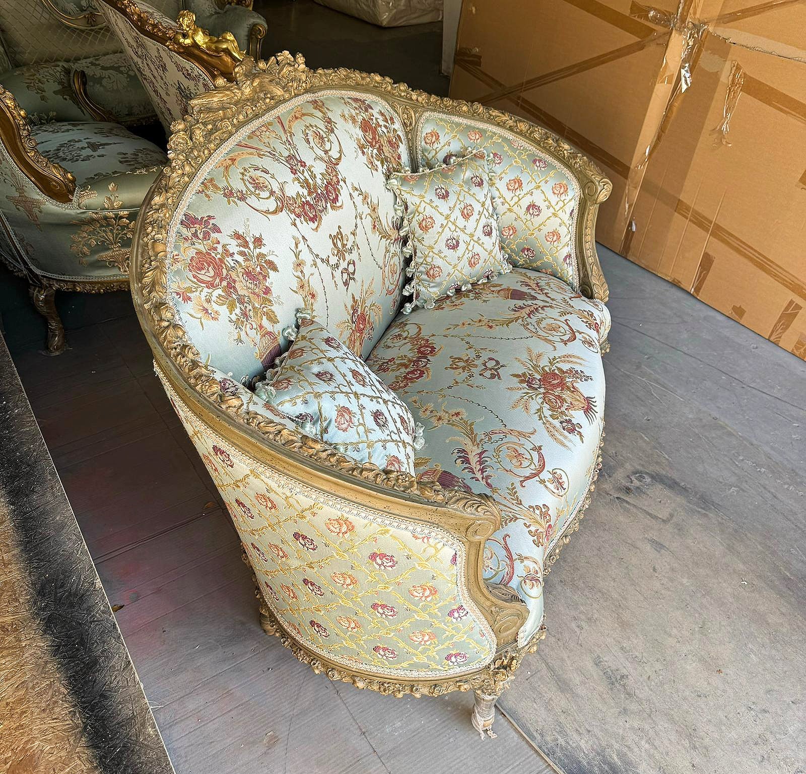 Baroque Style Sky Blue Sofa Interior Design Gold Leaf Details French
