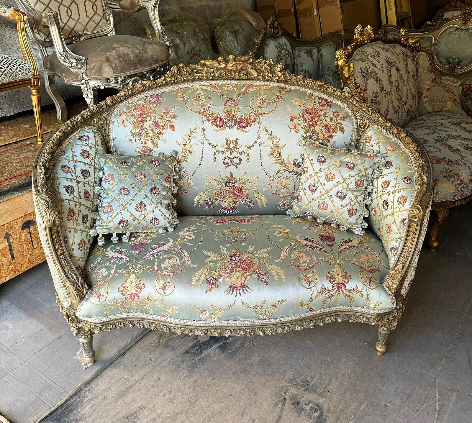 Baroque Style Sky Blue Sofa Interior Design Gold Leaf Details French