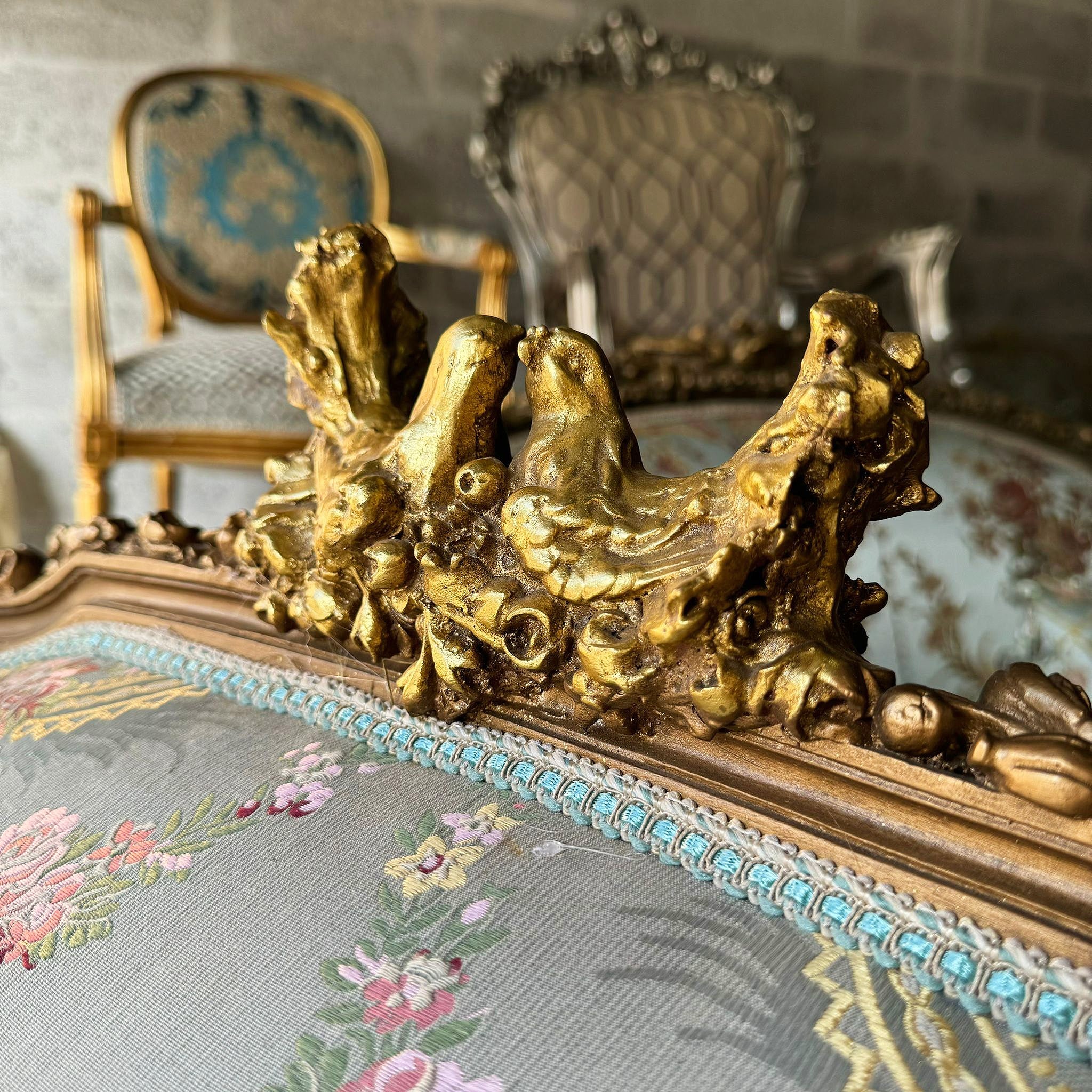 Italian Style Sky Blue Sofa with Gold Leaf Details – Elegant French-Inspired Design