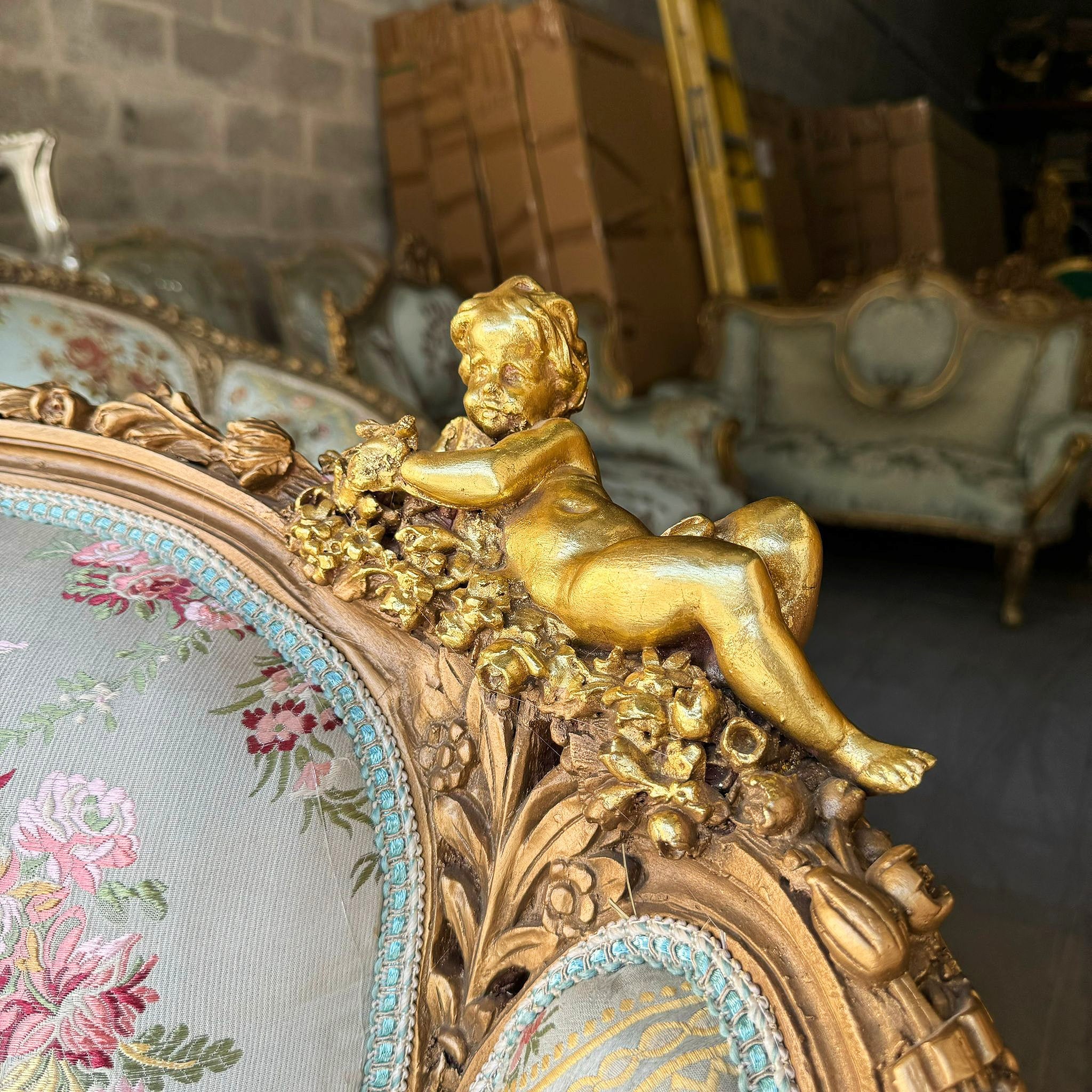Italian Style Sky Blue Sofa with Gold Leaf Details – Elegant French-Inspired Design