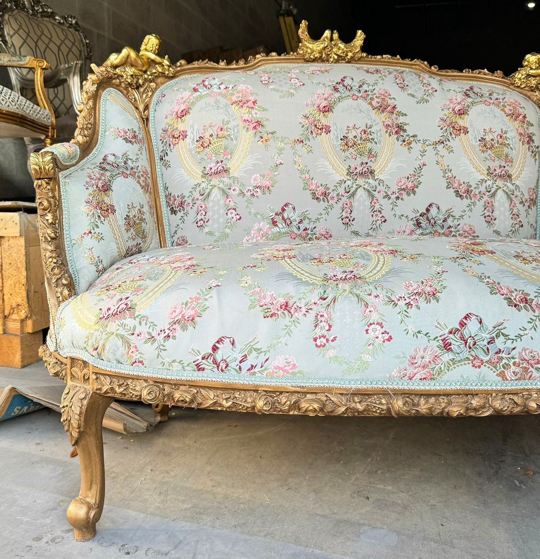 Italian Style Sky Blue Sofa with Gold Leaf Details – Elegant French-Inspired Design