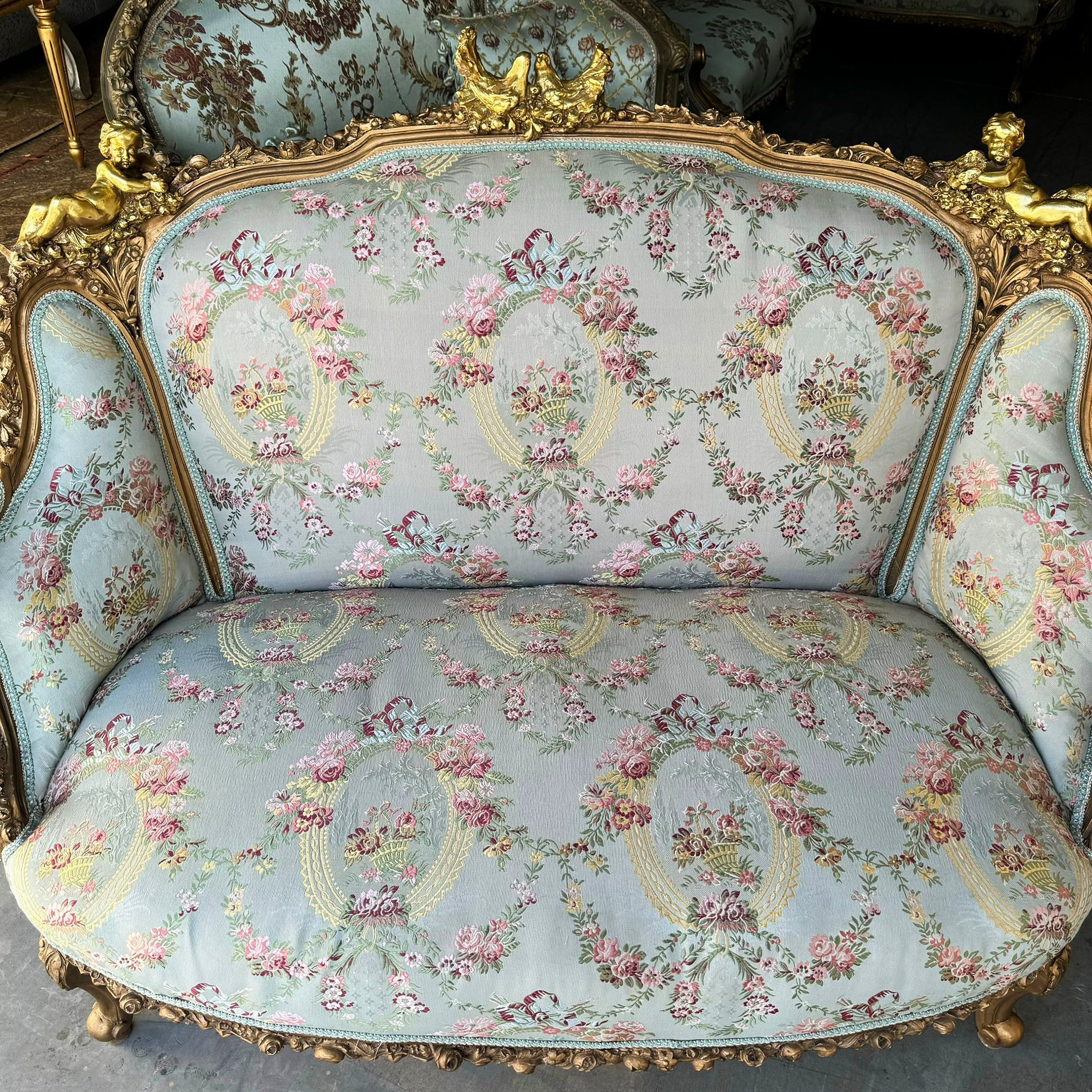 Italian Style Sky Blue Sofa with Gold Leaf Details – Elegant French-Inspired Design
