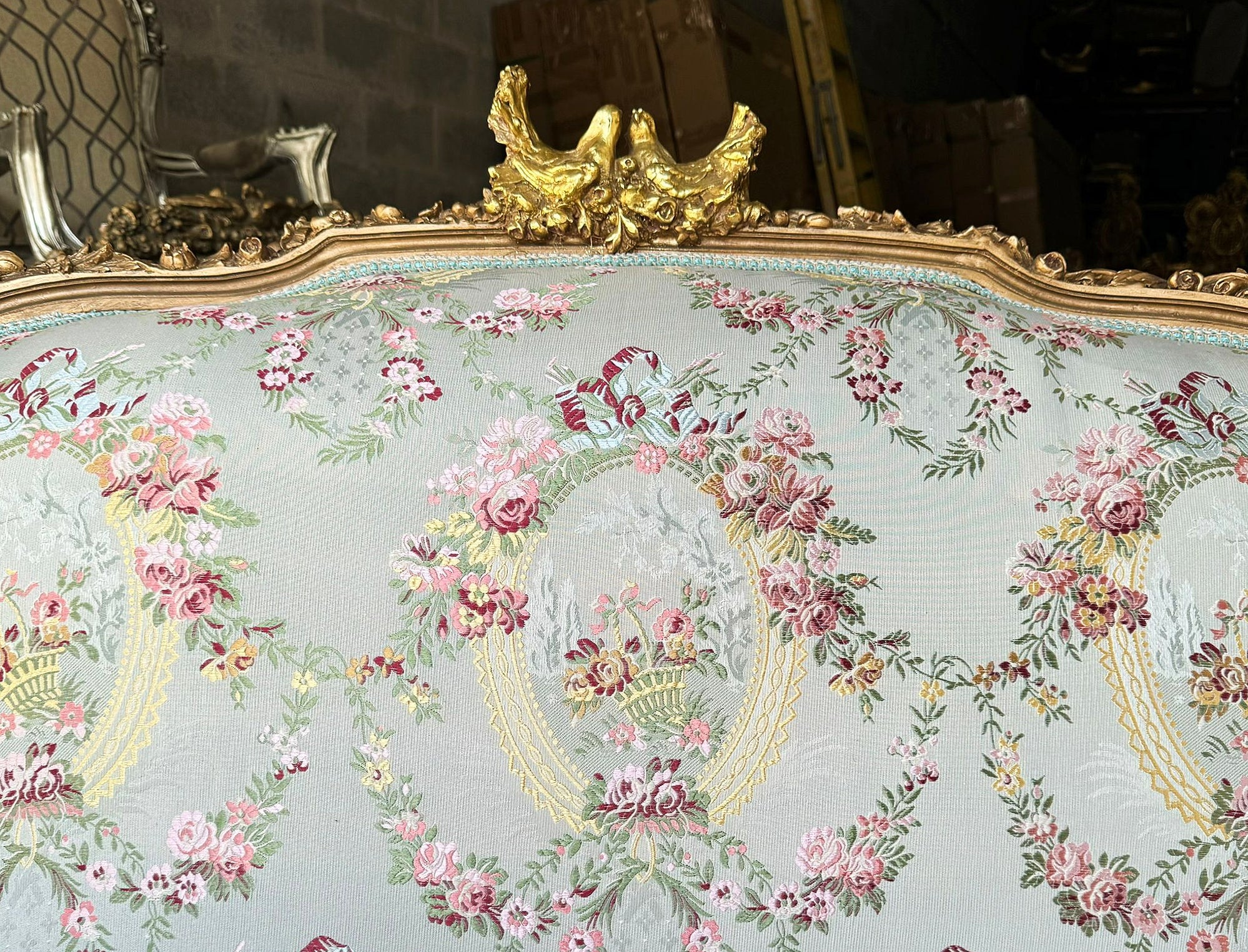 Italian Style Sky Blue Sofa with Gold Leaf Details – Elegant French-Inspired Design
