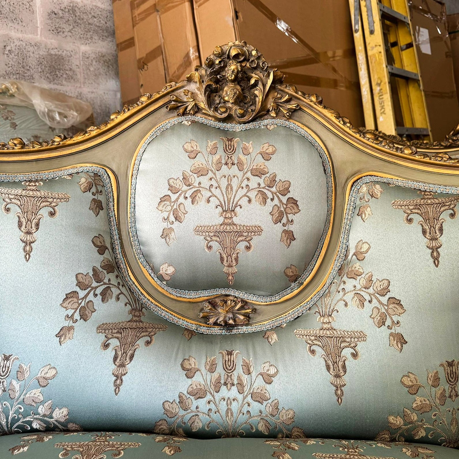 French Rococo Style Sofa Sky Blue Color and Gold Leaf Details Big Sofa Furniture