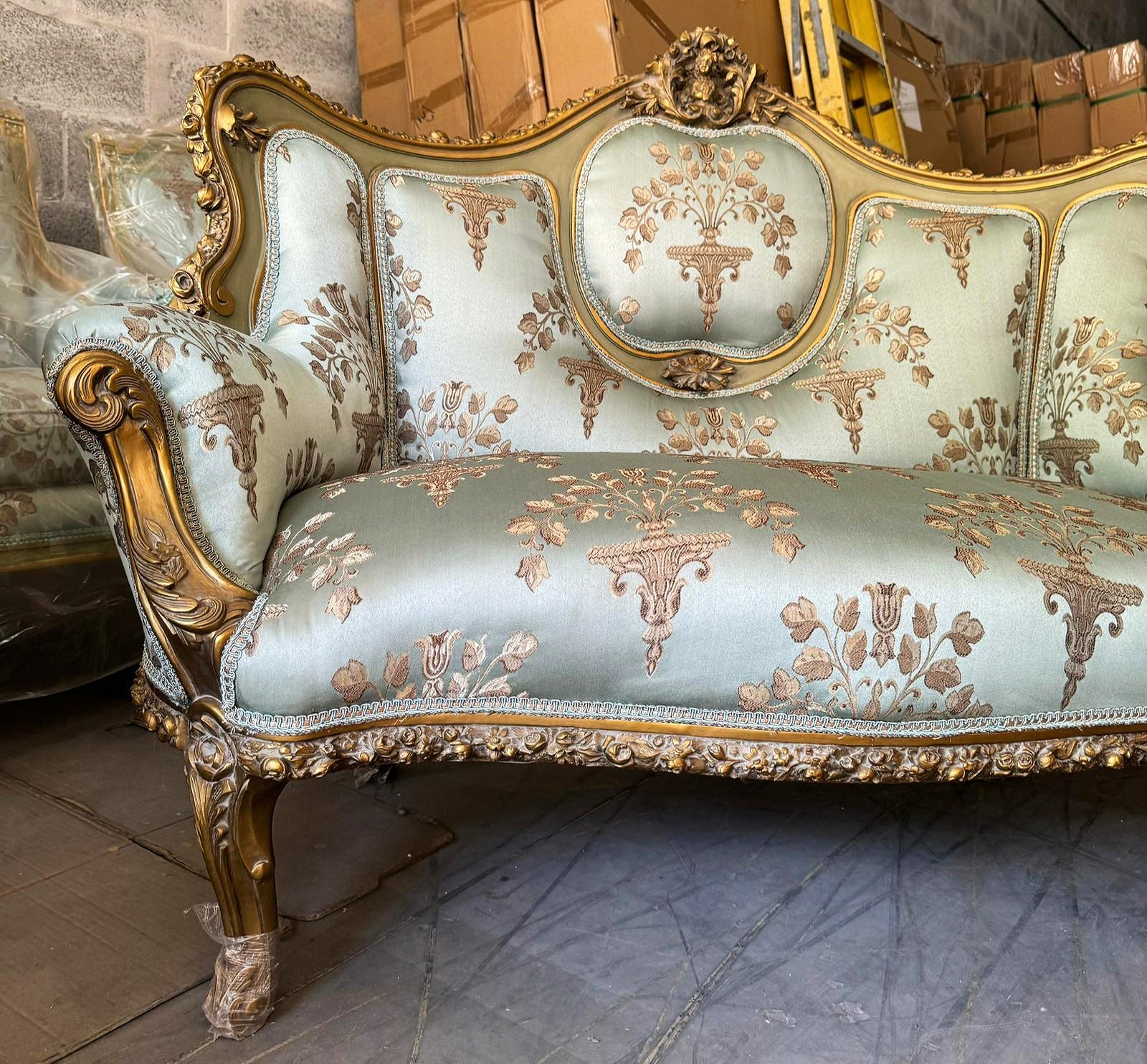 French Rococo Style Sofa Sky Blue Color and Gold Leaf Details Big Sofa Furniture
