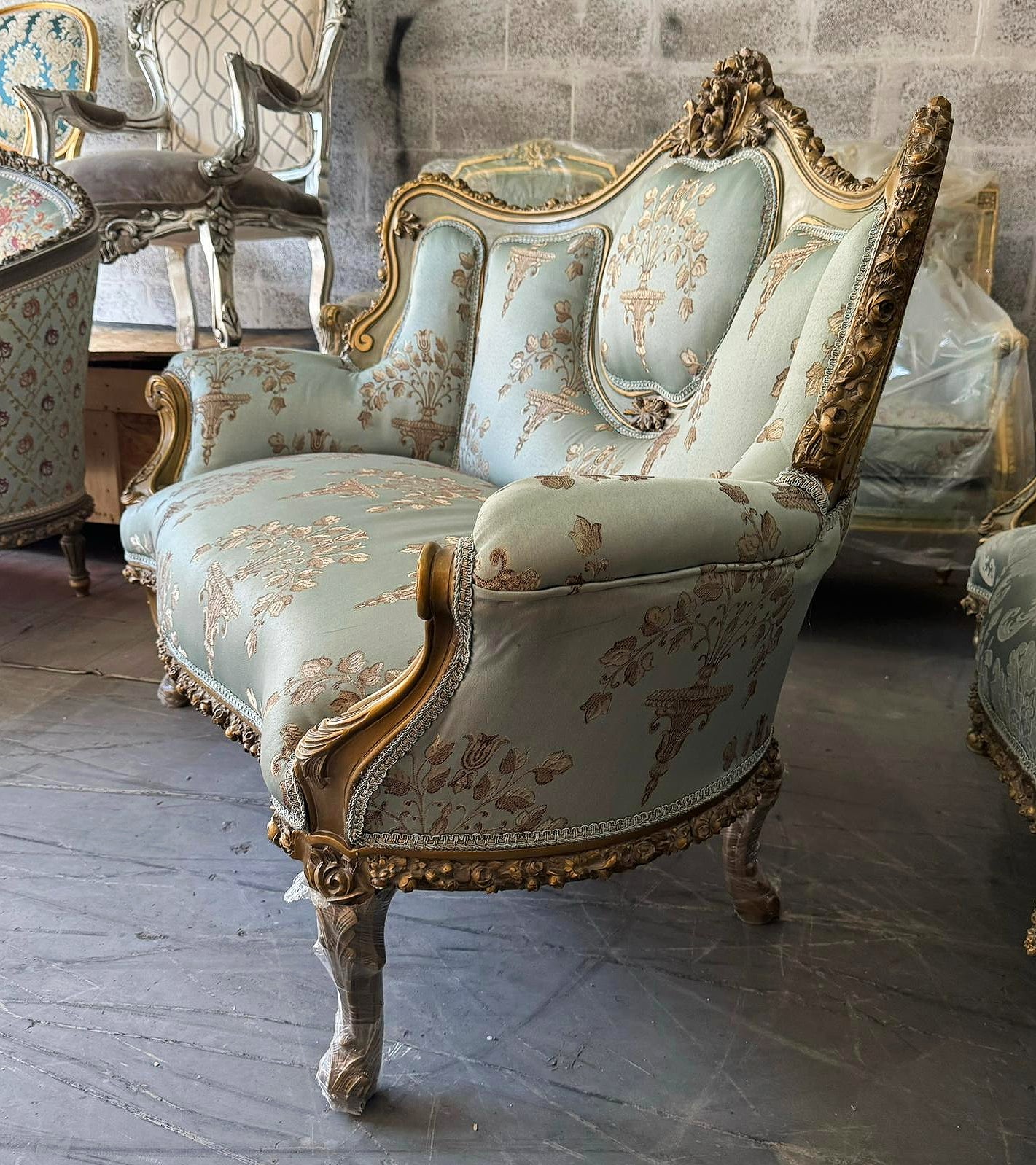 French Rococo Style Sofa Sky Blue Color and Gold Leaf Details Big Sofa Furniture
