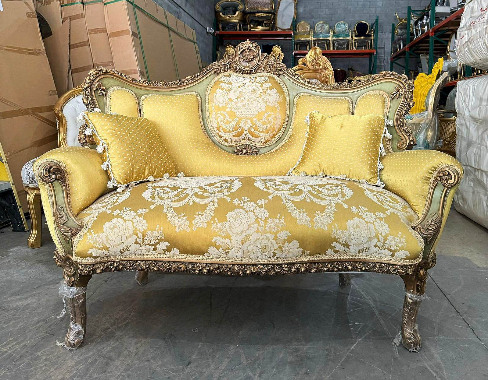French Rococo Style Sofa Gold Color and Gold Leaf Details Big Sofa Furniture