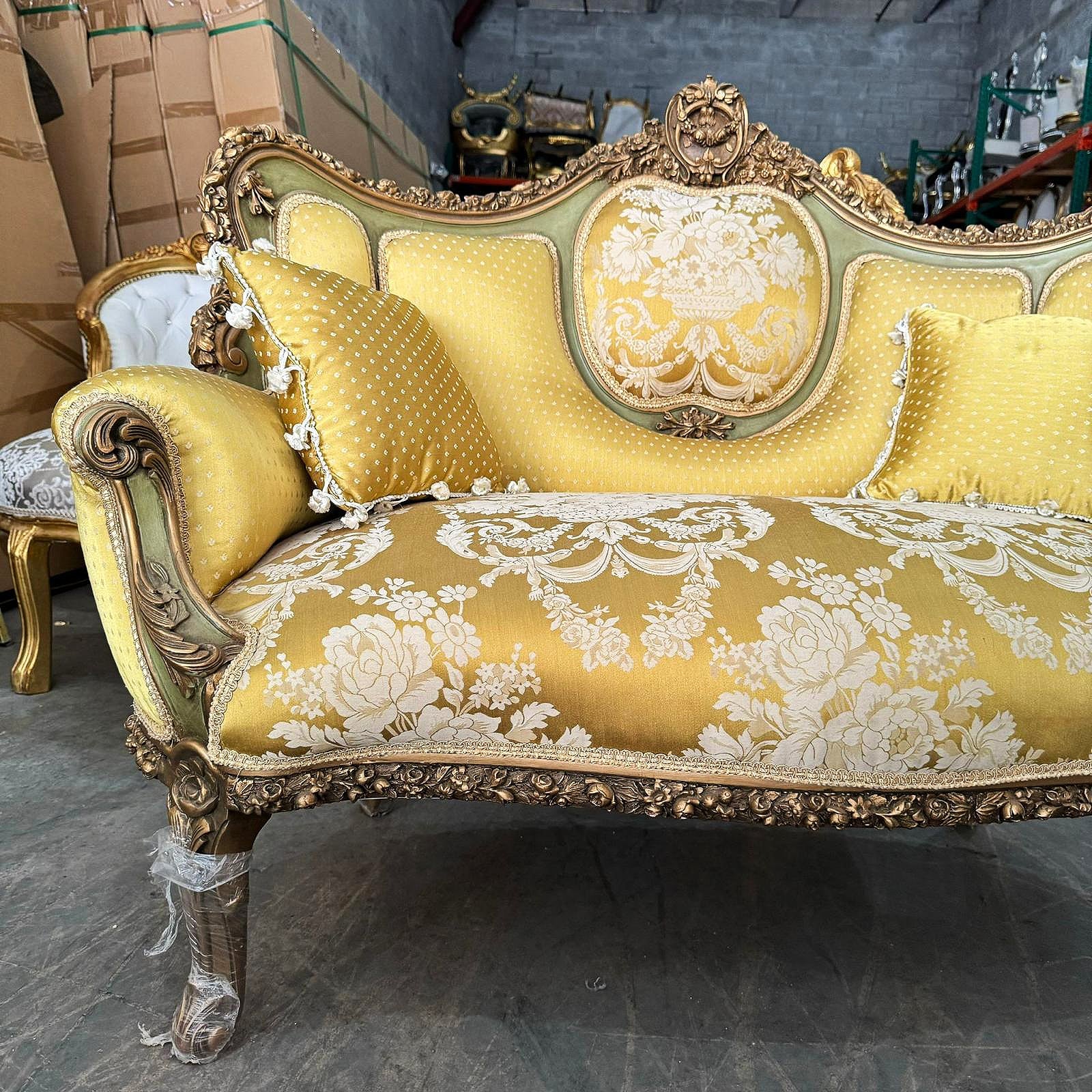 French Rococo Style Sofa Gold Color and Gold Leaf Details Big Sofa Furniture
