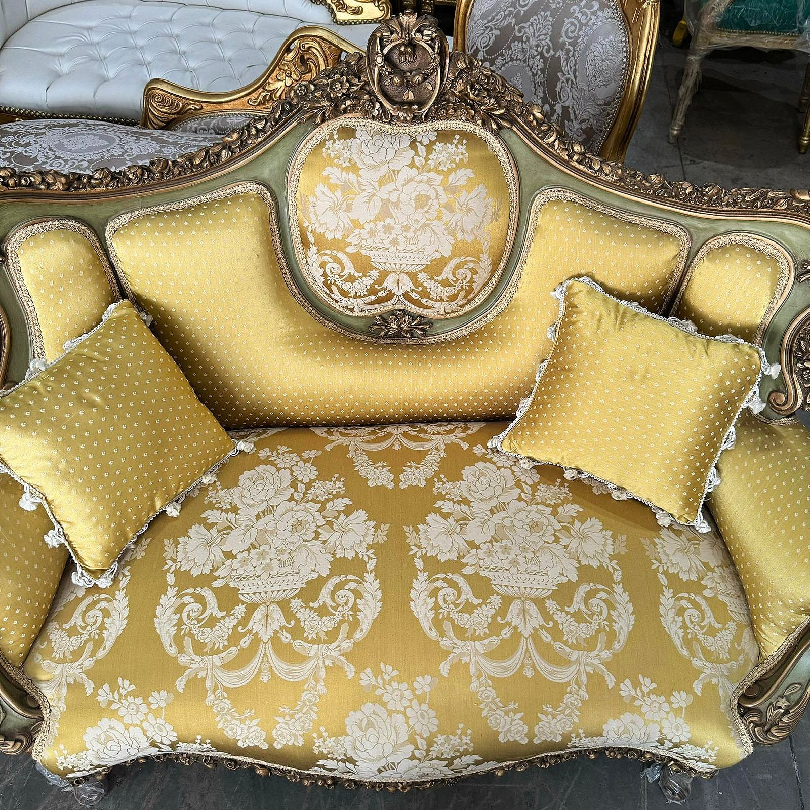 French Rococo Style Sofa Gold Color and Gold Leaf Details Big Sofa Furniture
