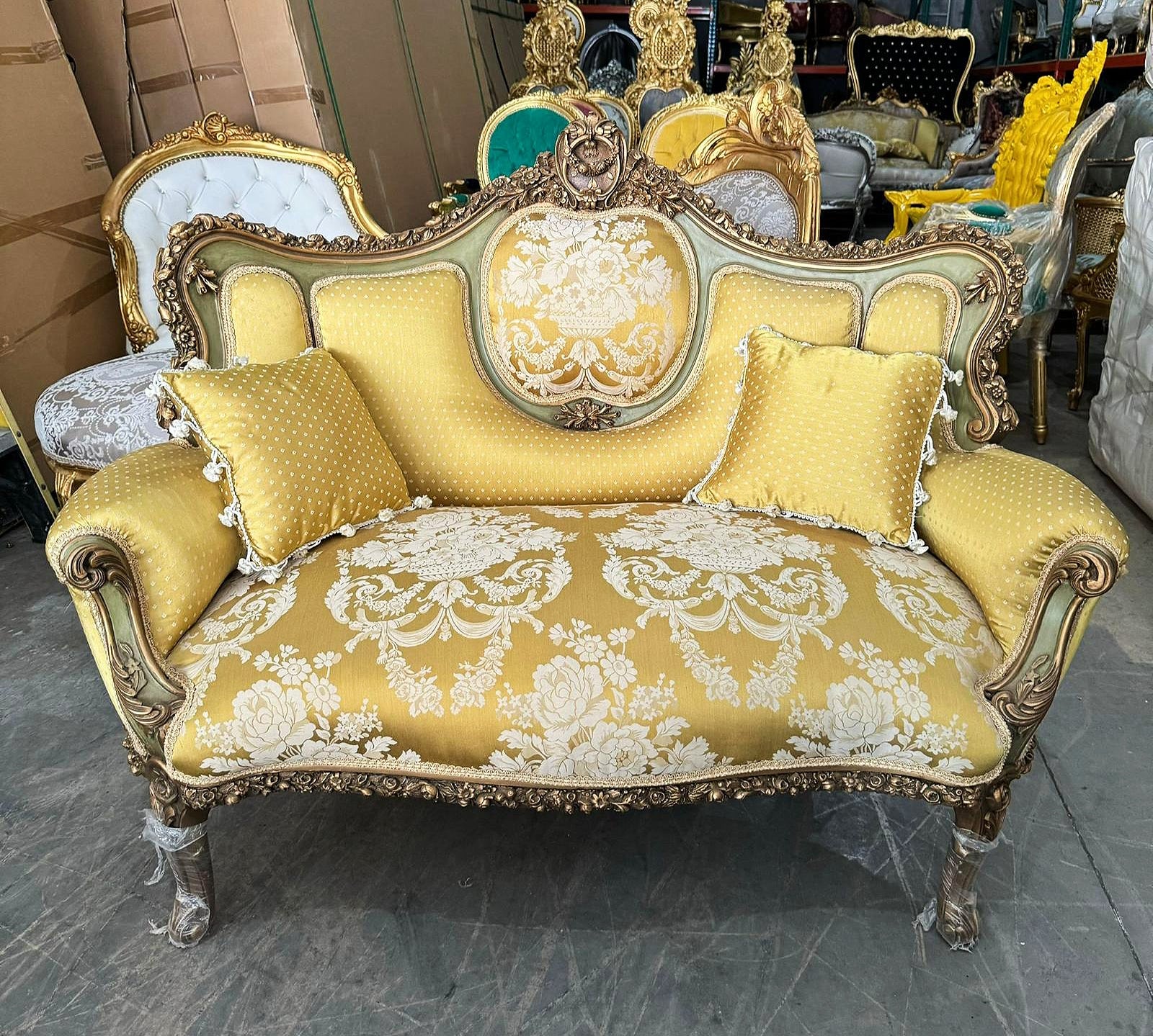 French Rococo Style Sofa Gold Color and Gold Leaf Details Big Sofa Furniture