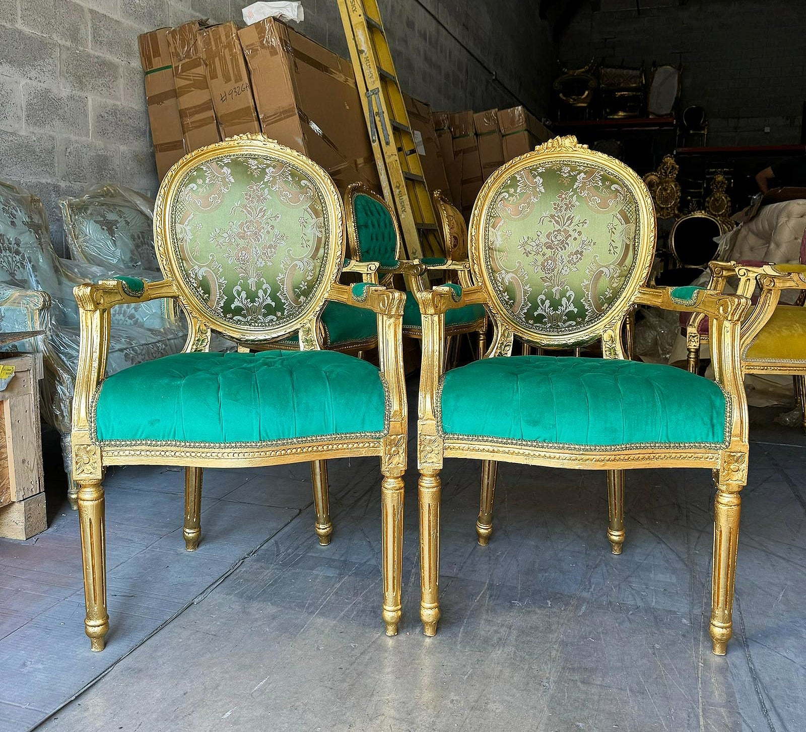 French Style Green Velvet Chair with Gold Details Rococo Baroque