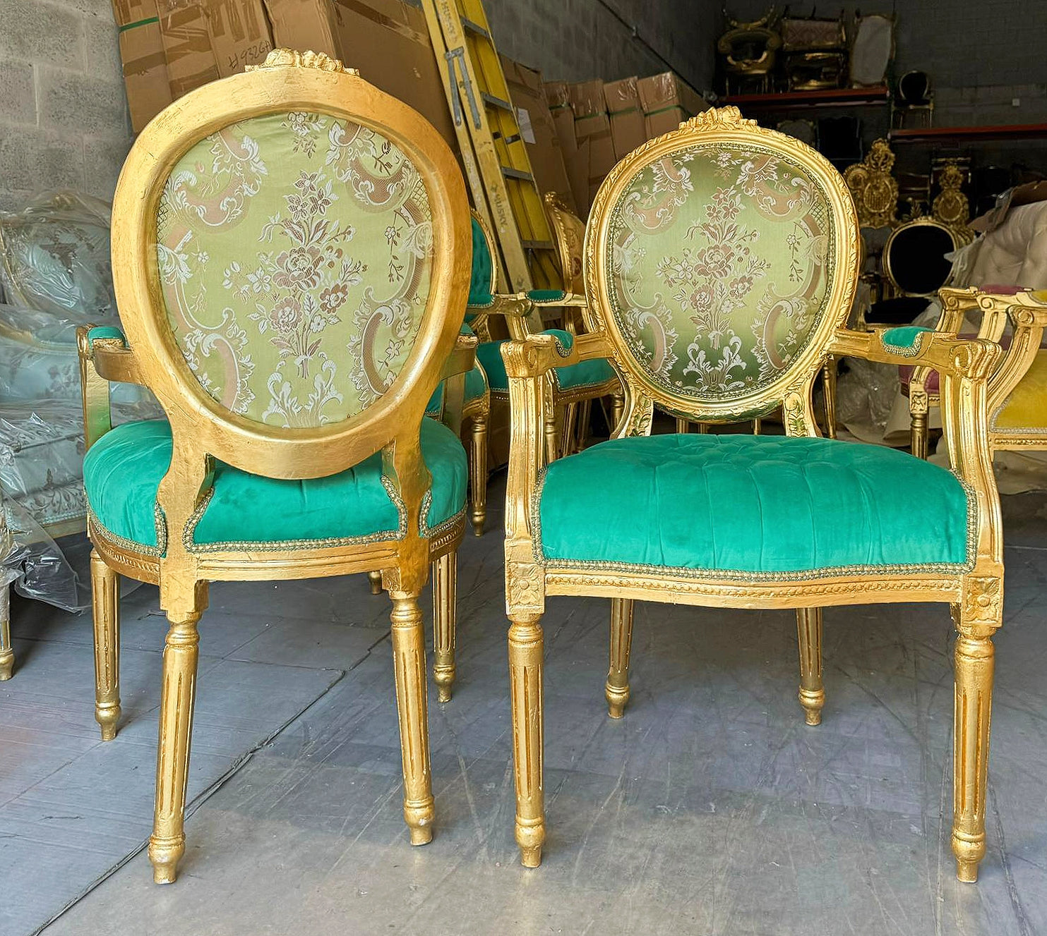French Style Green Velvet Chair with Gold Details Rococo Baroque