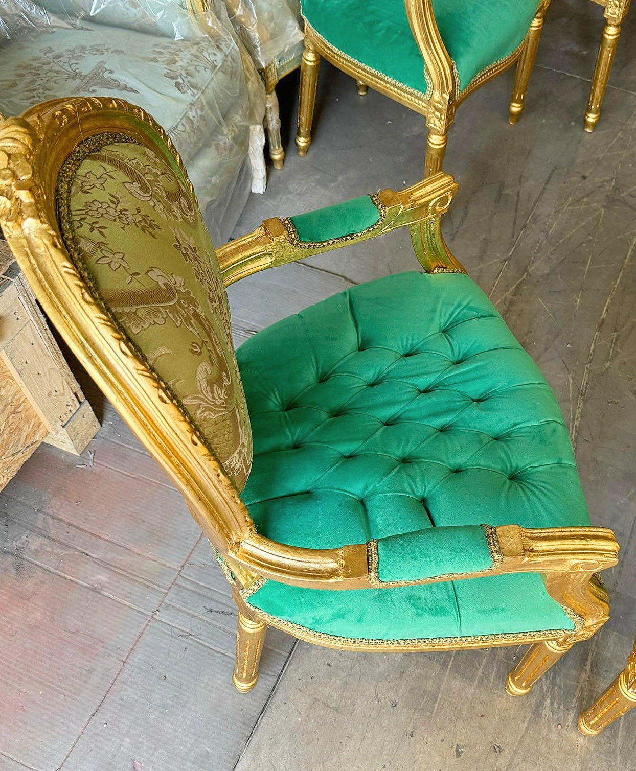 French Style Green Velvet Chair with Gold Details Rococo Baroque