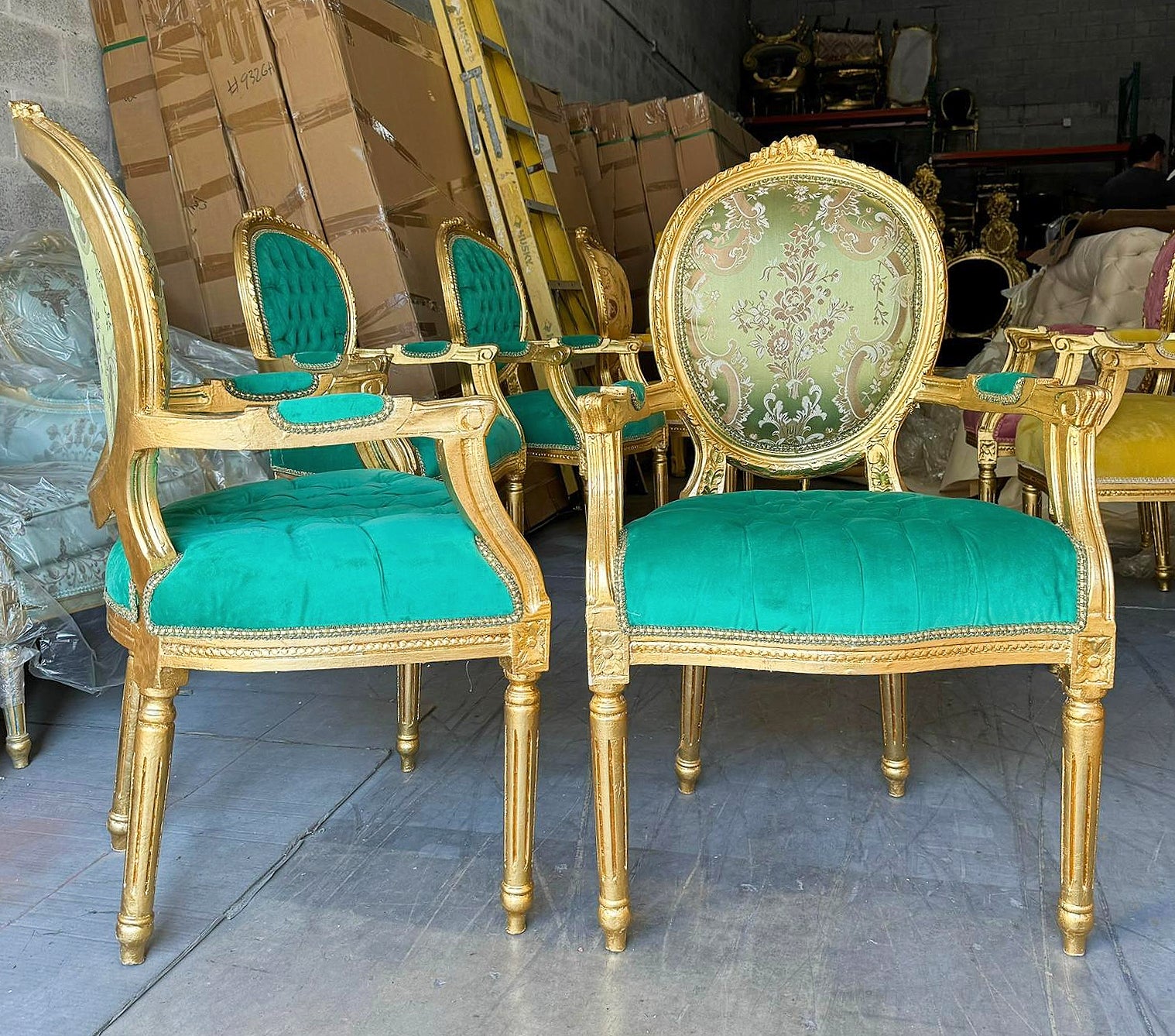 French Style Green Velvet Chair with Gold Details Rococo Baroque