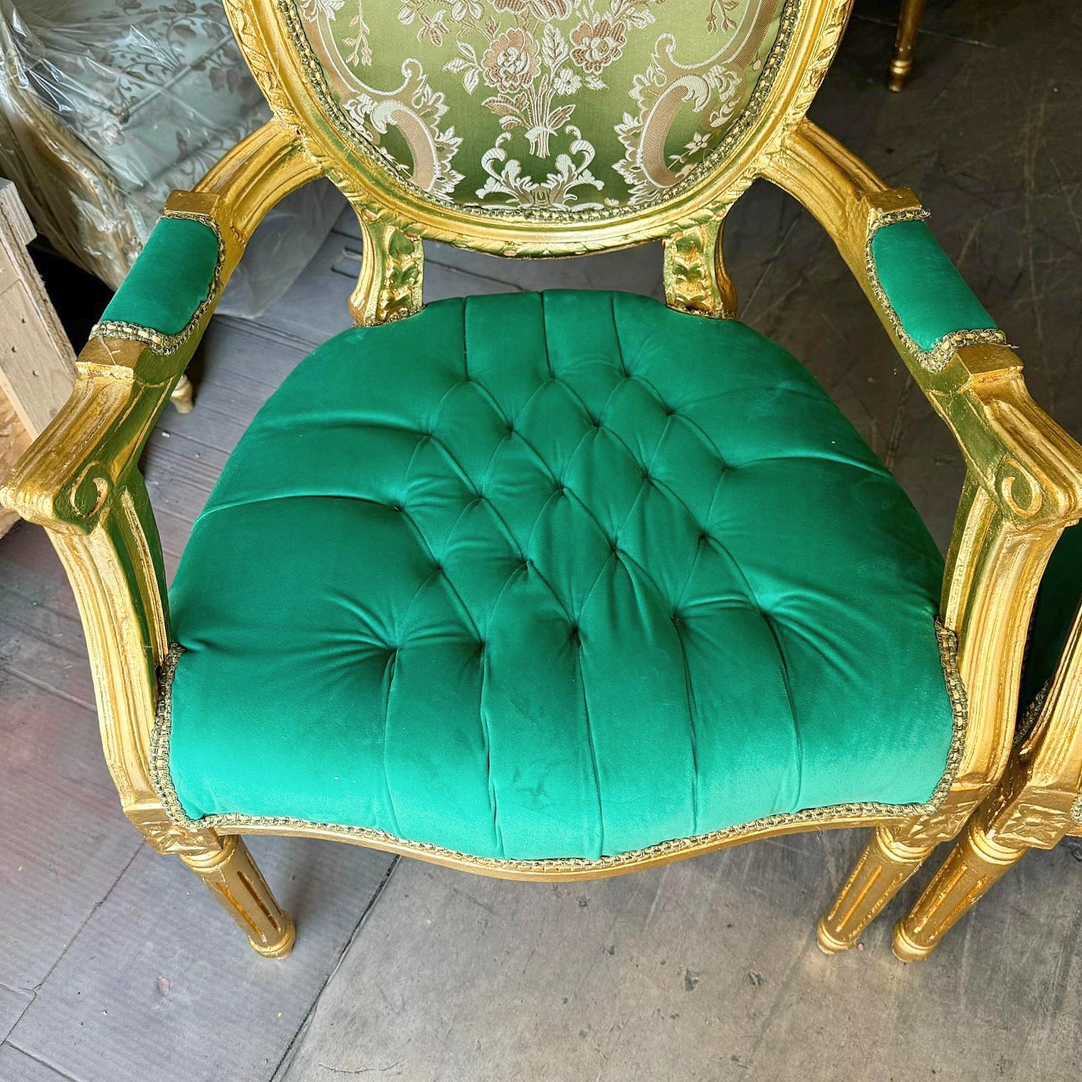 French Style Green Velvet Chair with Gold Details Rococo Baroque