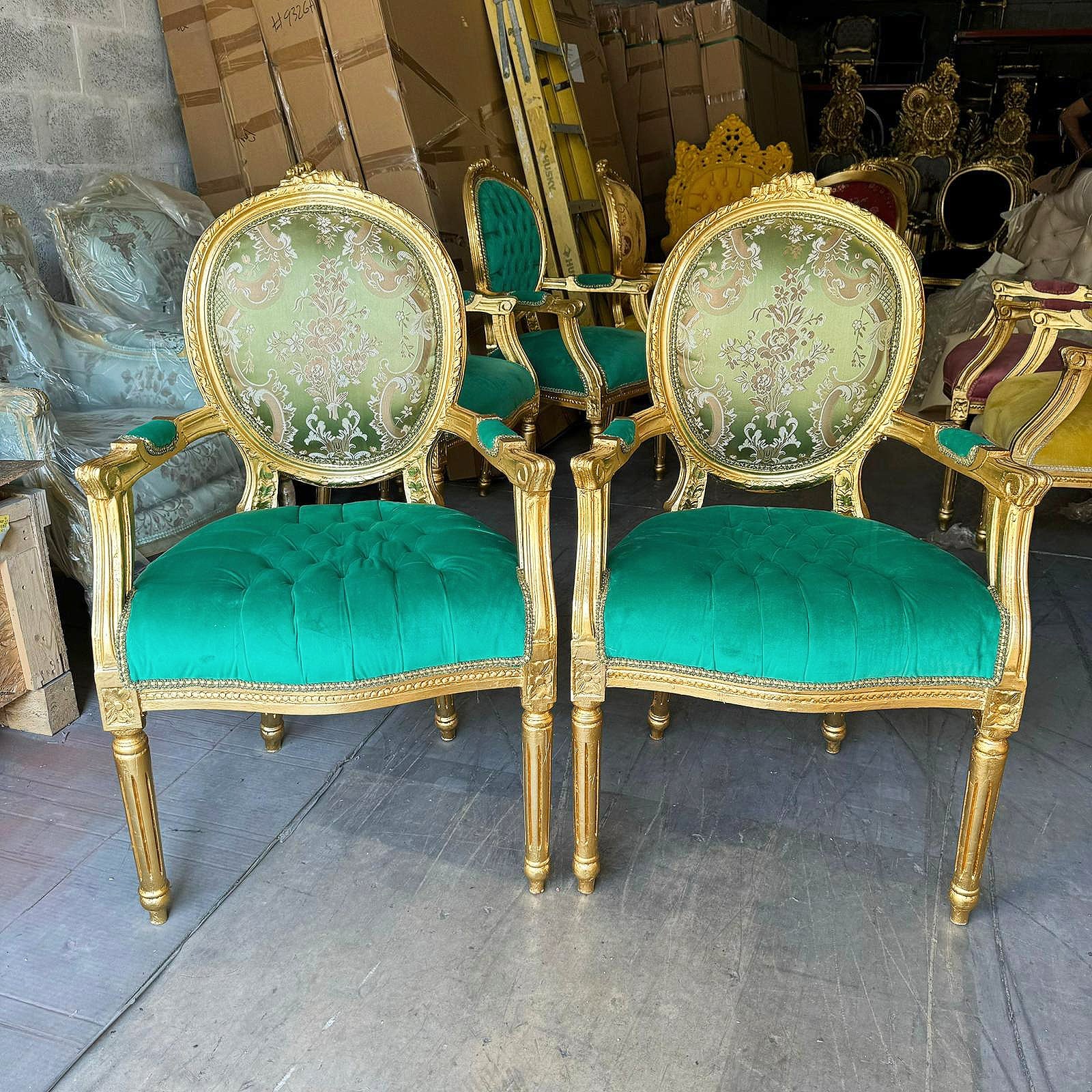 French Style Green Velvet Chair with Gold Details Rococo Baroque