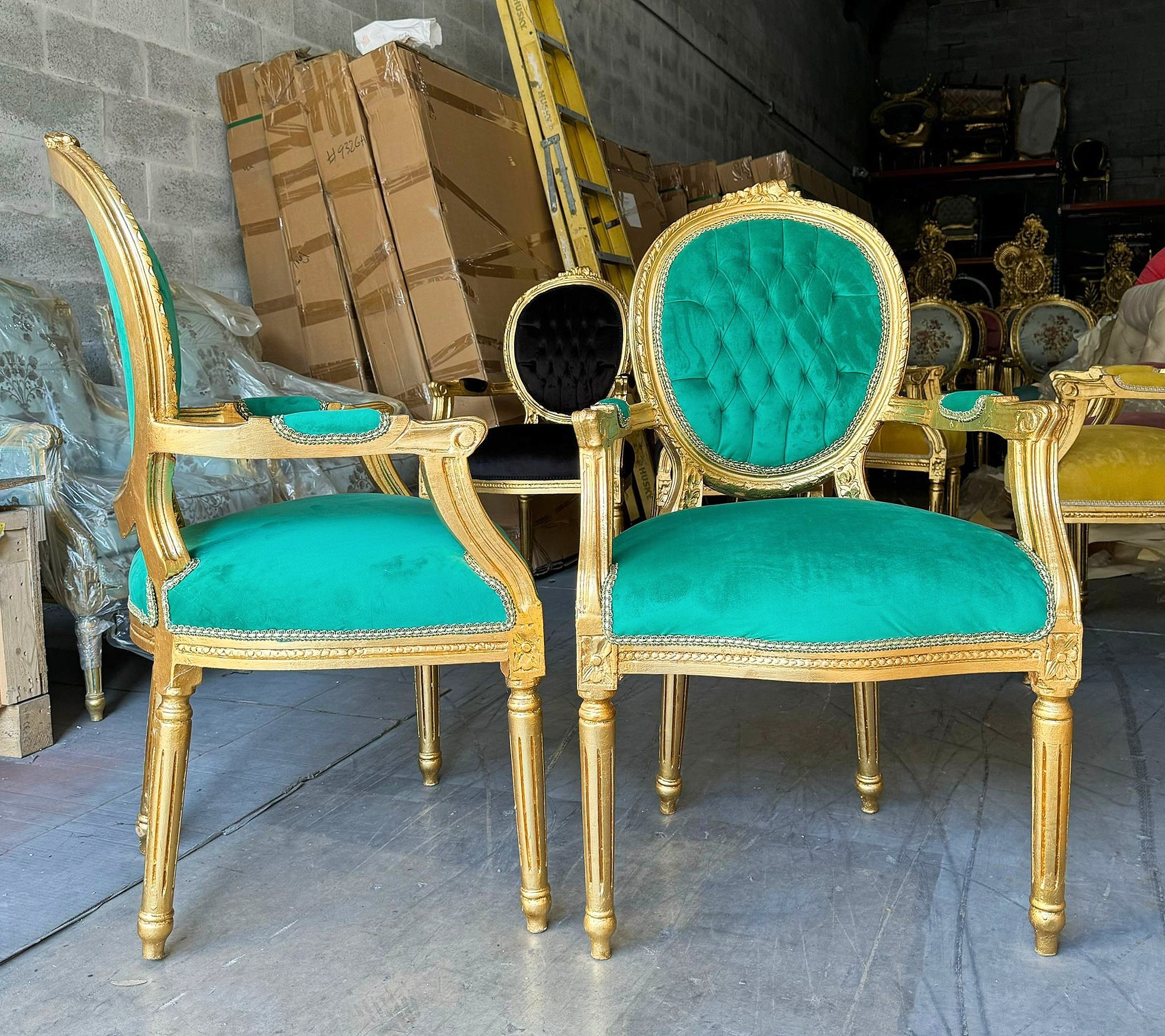 French Style Tufted Green Velvet Chair with Gold Details Rococo Baroque