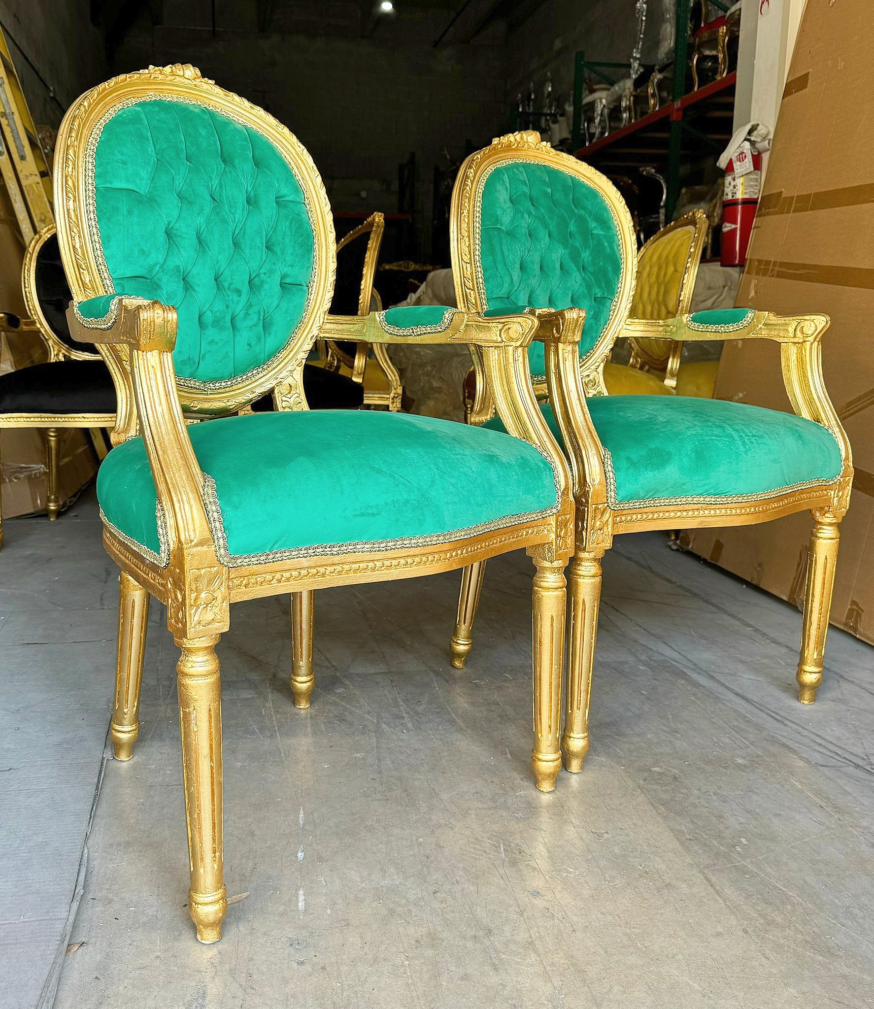 French Style Tufted Green Velvet Chair with Gold Details Rococo Baroque