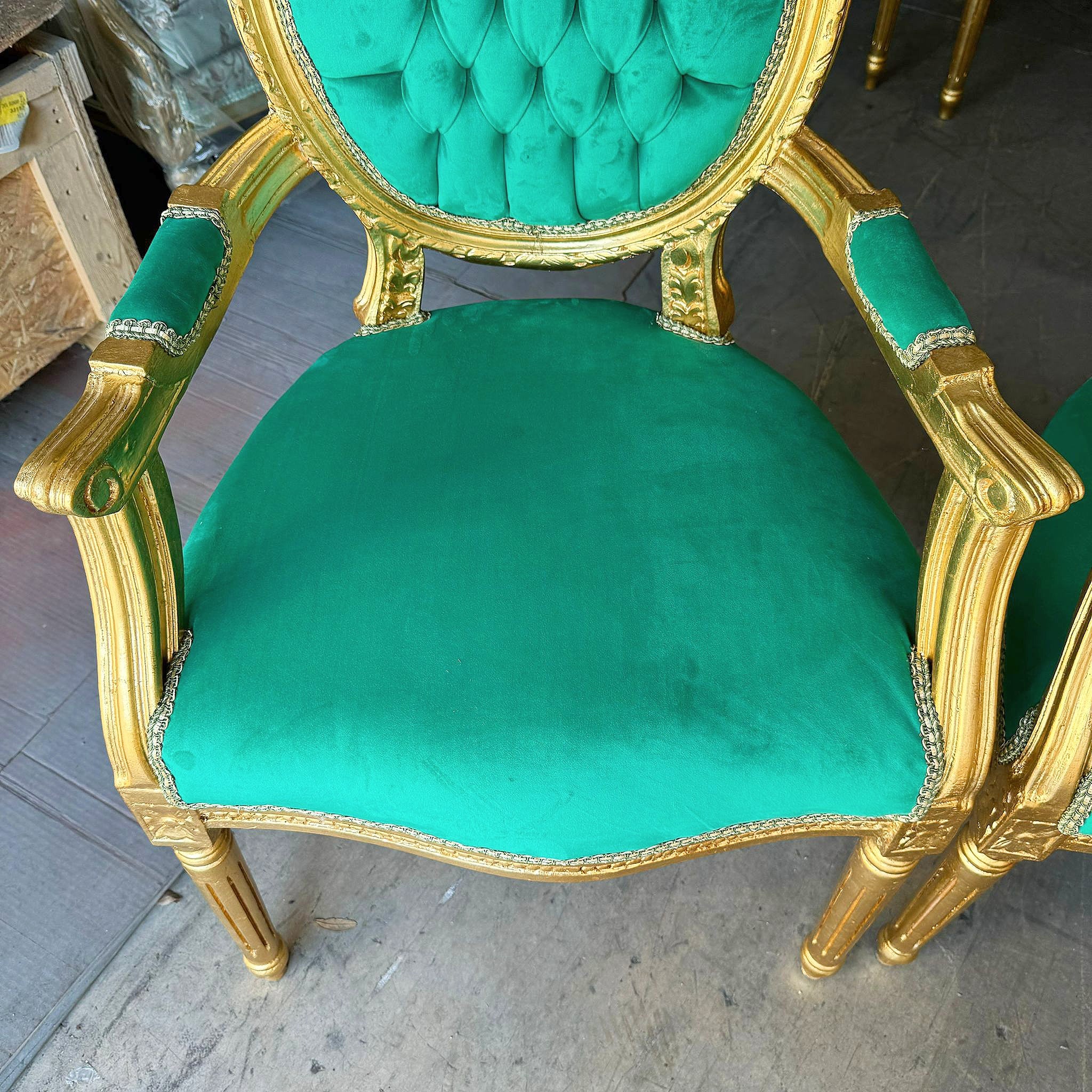 French Style Tufted Green Velvet Chair with Gold Details Rococo Baroque