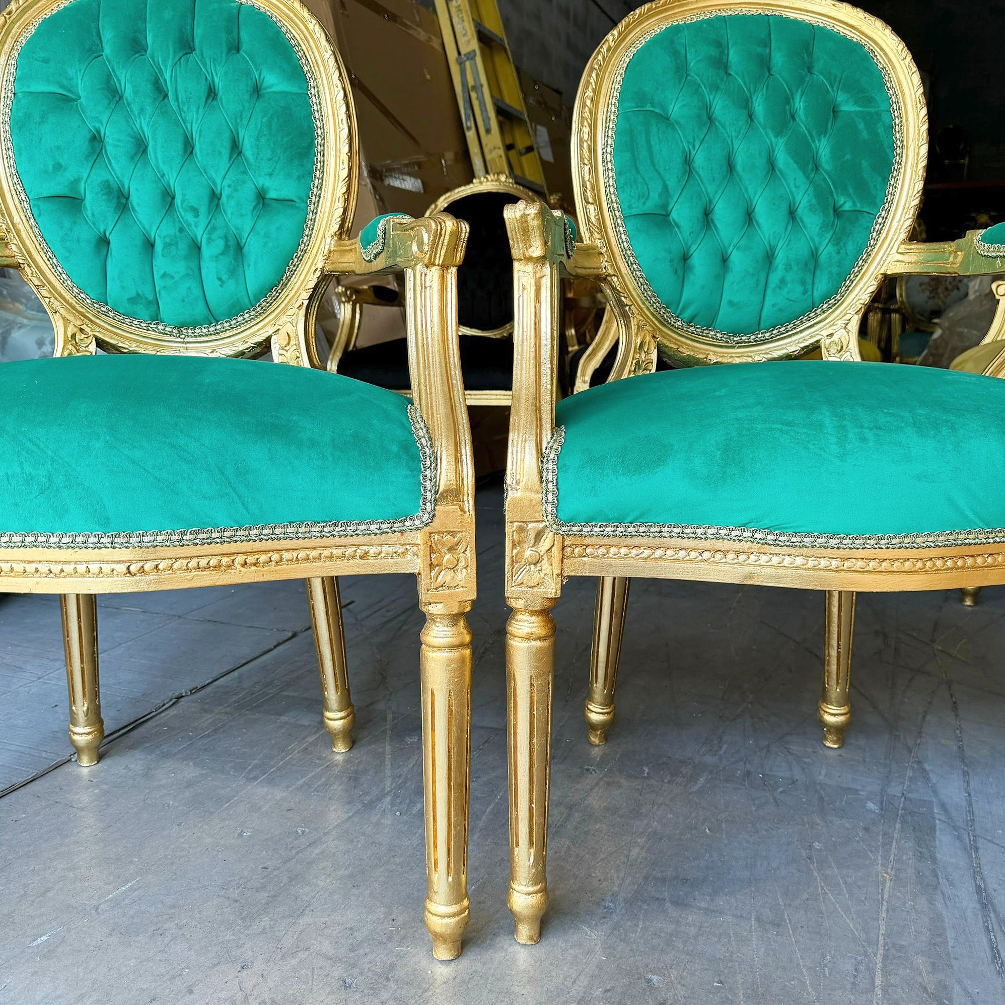 French Style Tufted Green Velvet Chair with Gold Details Rococo Baroque