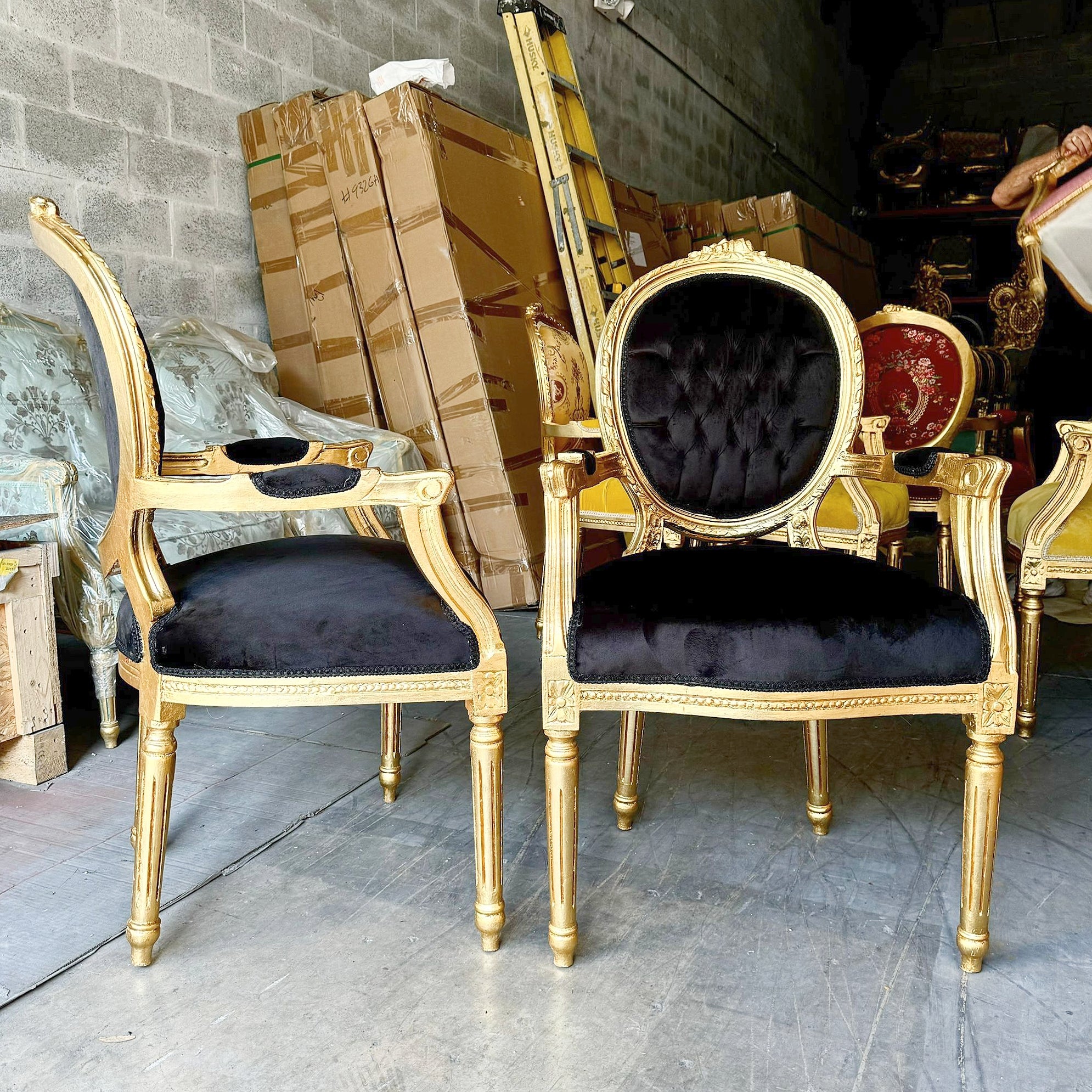 French Style Tufted Black Velvet Chair with Gold Details Rococo Baroque