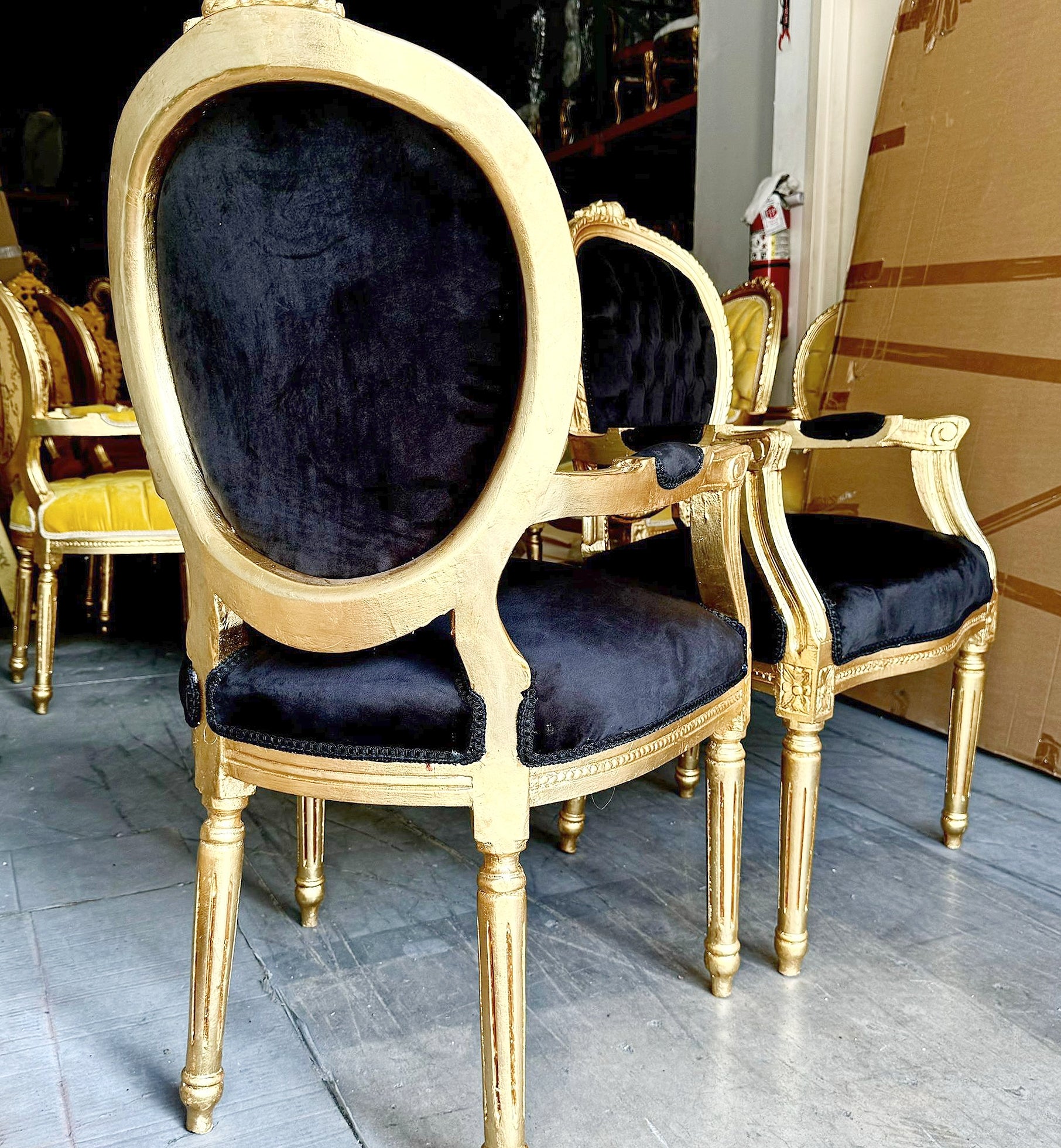 French Rococo Baroque Black Velvet Chair with Gold Leaf Details
