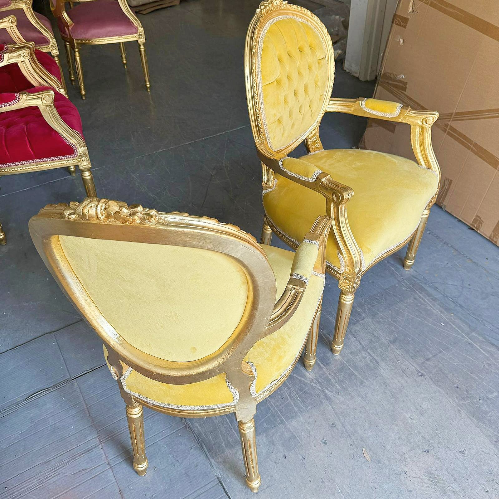 French Rococo Baroque Yellow Velvet Chair with Gold Leaf Details