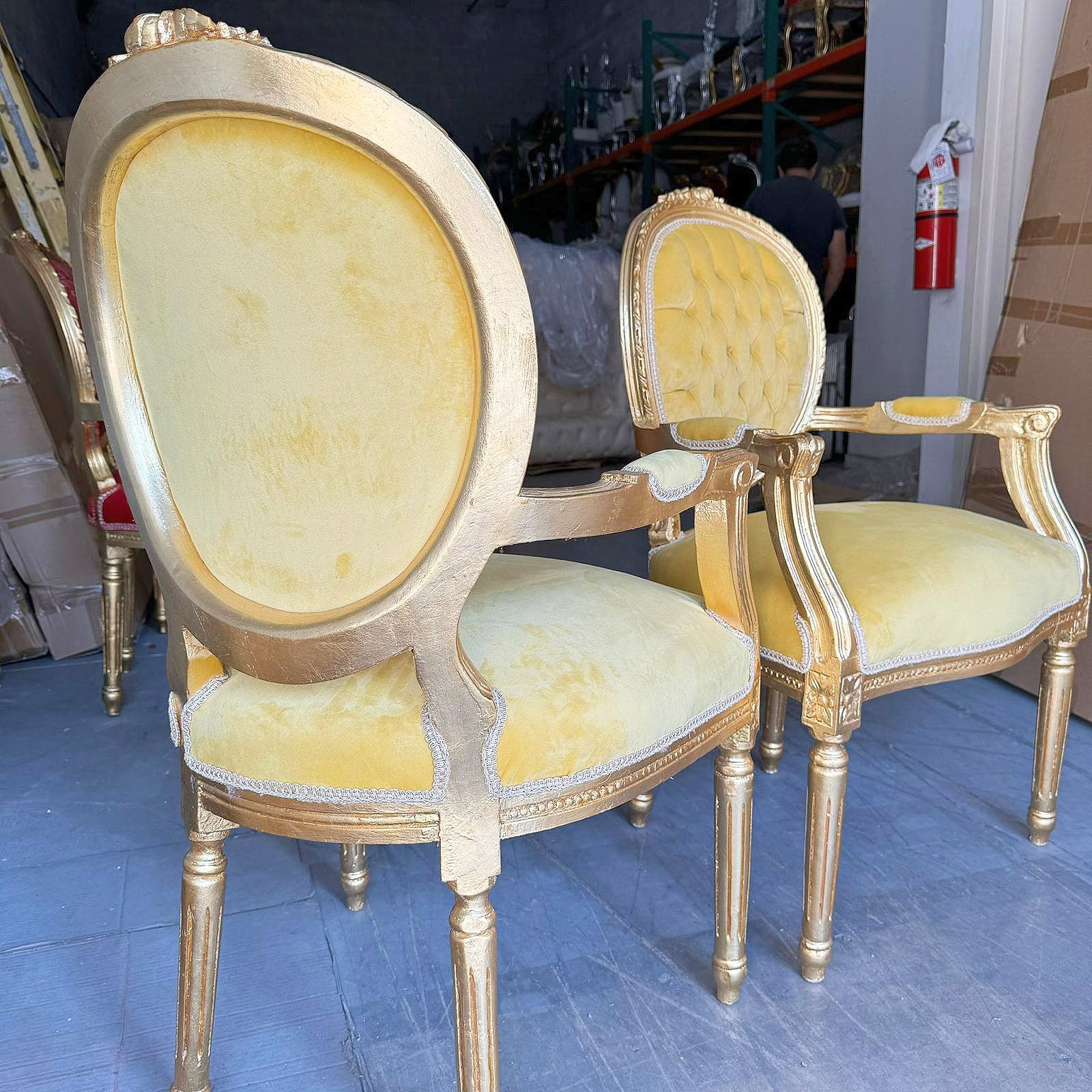 French Rococo Baroque Yellow Velvet Chair with Gold Leaf Details