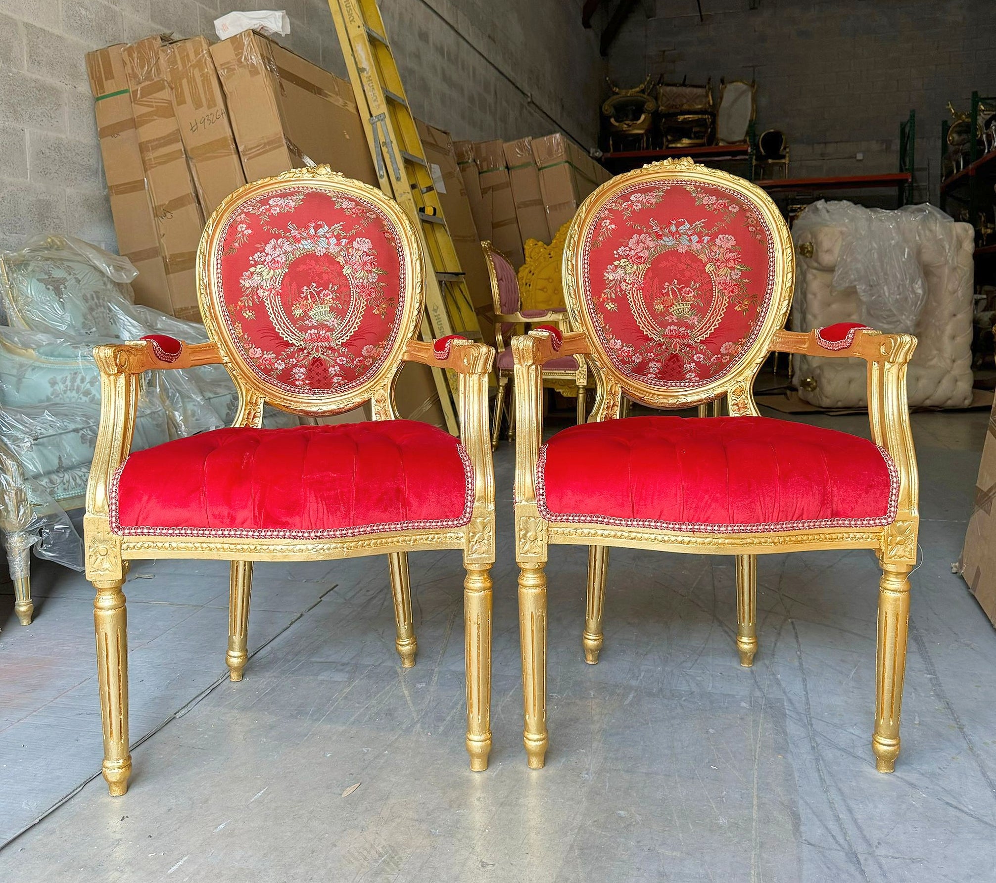 French Style Red Velvet Chair with Gold Details Rococo Baroque