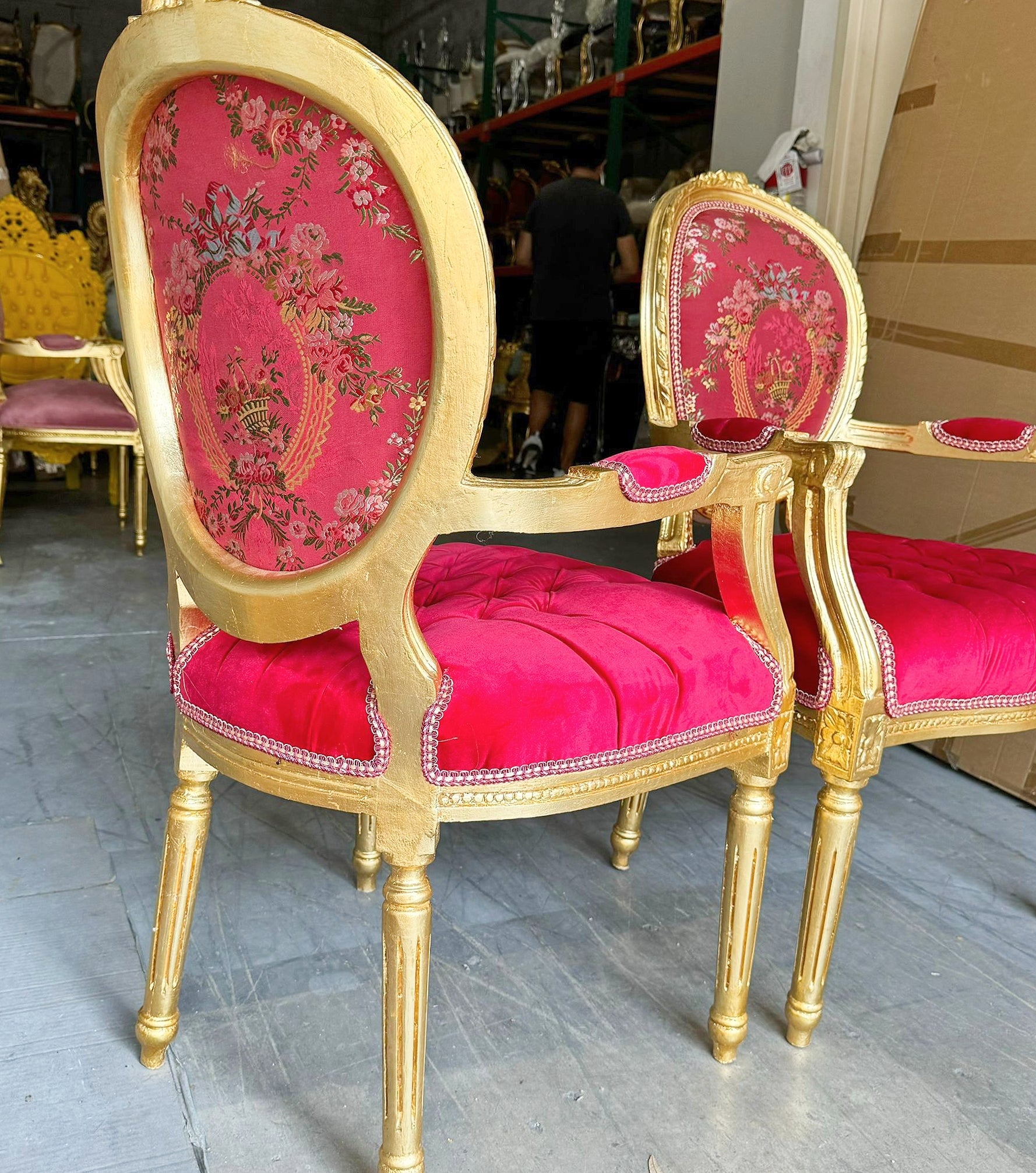 French Style Red Velvet Chair with Gold Details Rococo Baroque