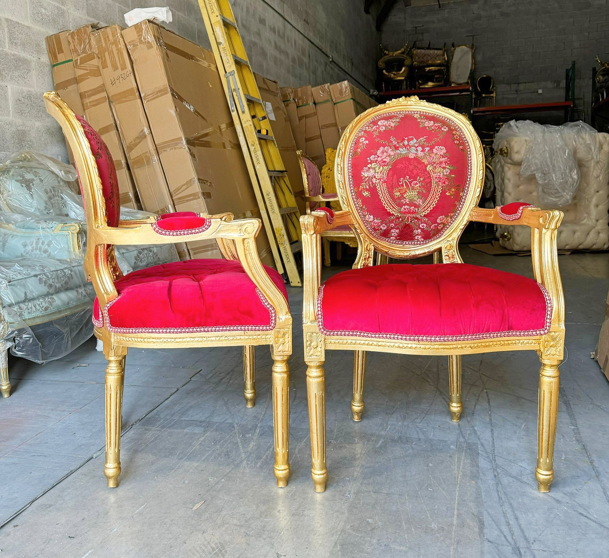 French Style Red Velvet Chair with Gold Details Rococo Baroque