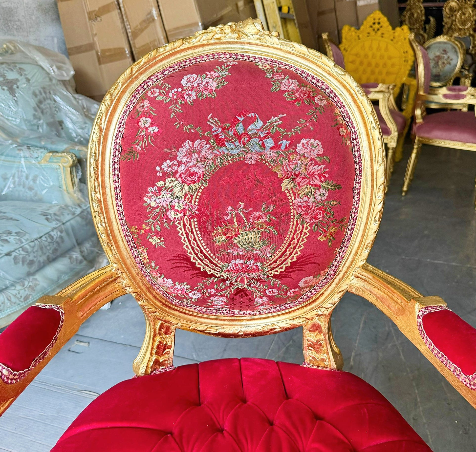 French Style Red Velvet Chair with Gold Details Rococo Baroque