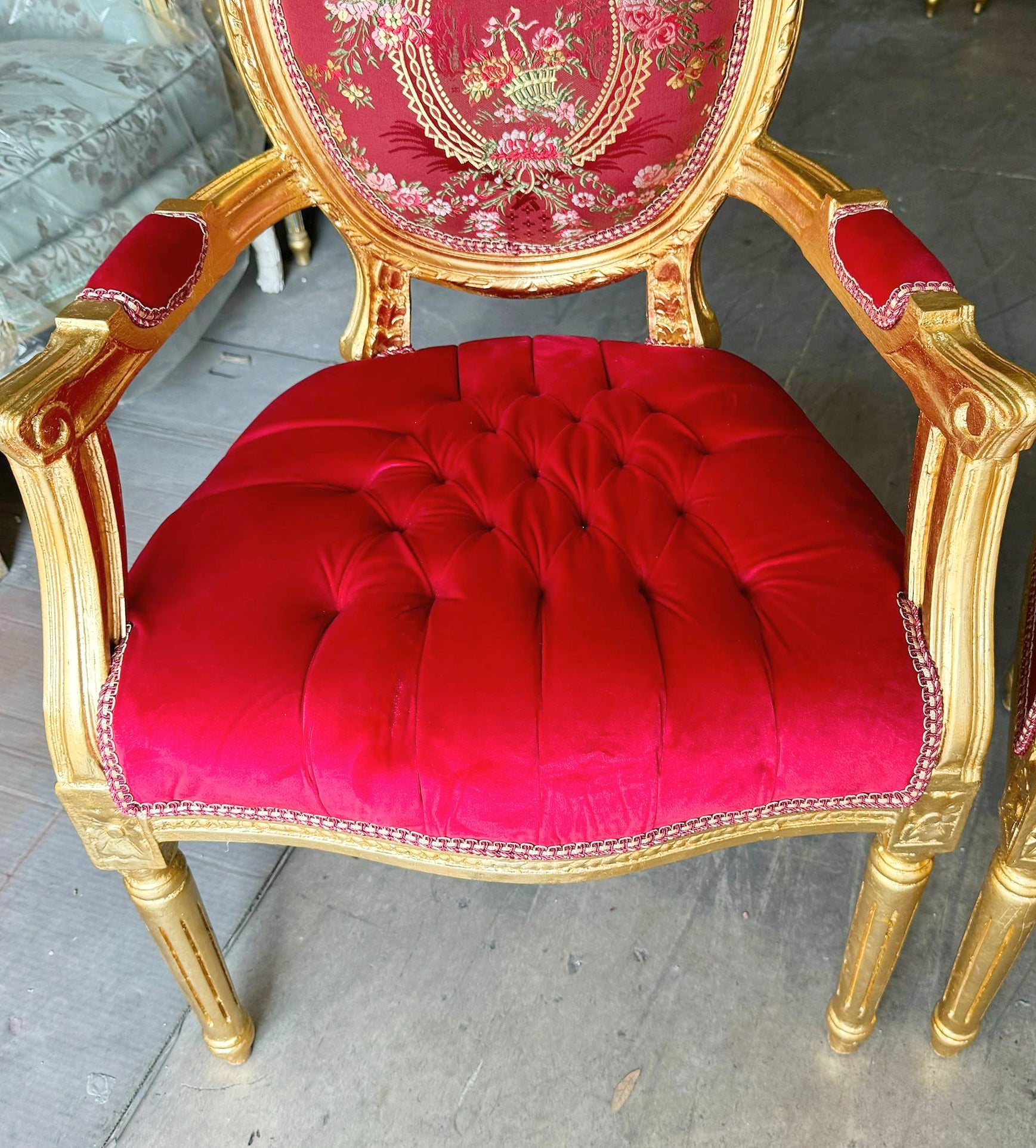 French Style Red Velvet Chair with Gold Details Rococo Baroque