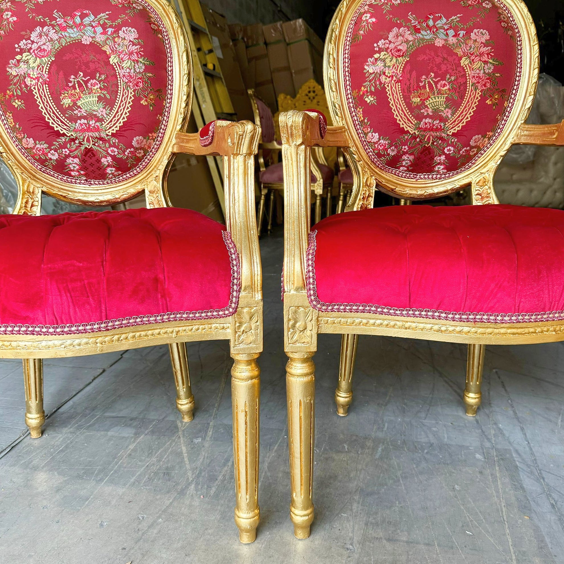 French Style Red Velvet Chair with Gold Details Rococo Baroque