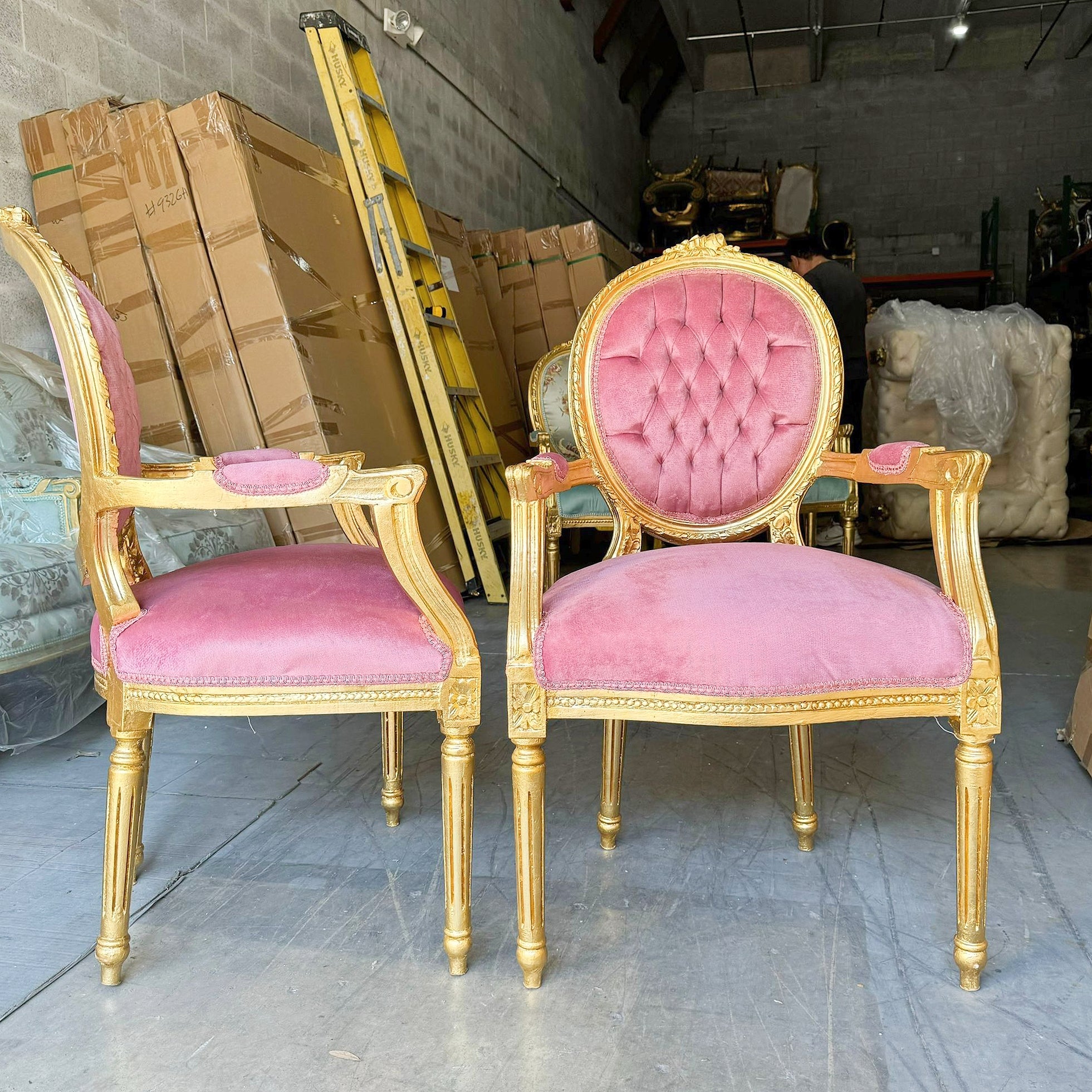Pink Velvet Chair French Style Tufted with Gold Details Rococo Baroque