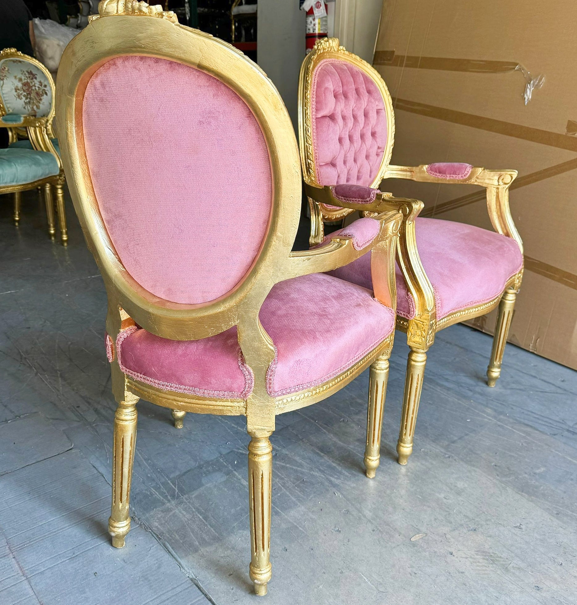 Pink Velvet Chair French Style Tufted with Gold Details Rococo Baroque