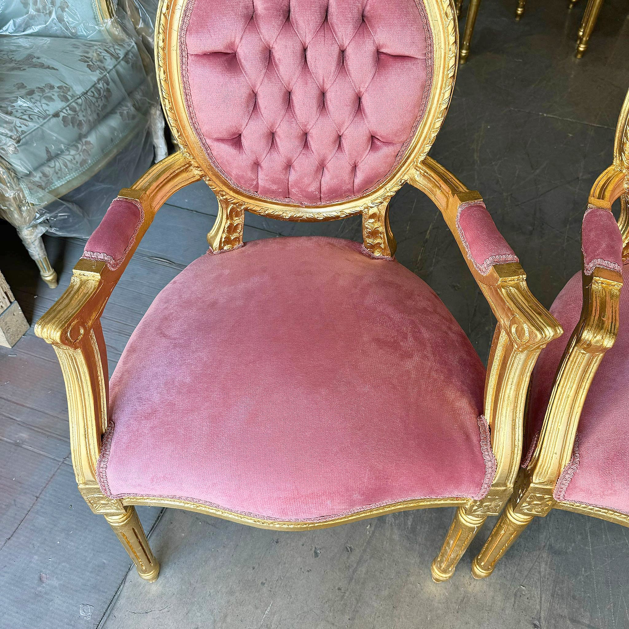 Pink Velvet Chair French Style Tufted with Gold Details Rococo Baroque