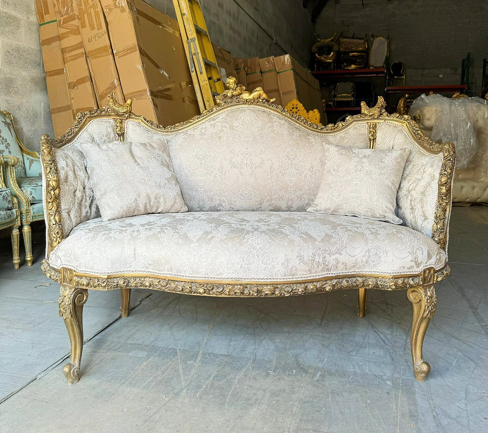 French Baroque Style Tan Beige Sofa Gold details
