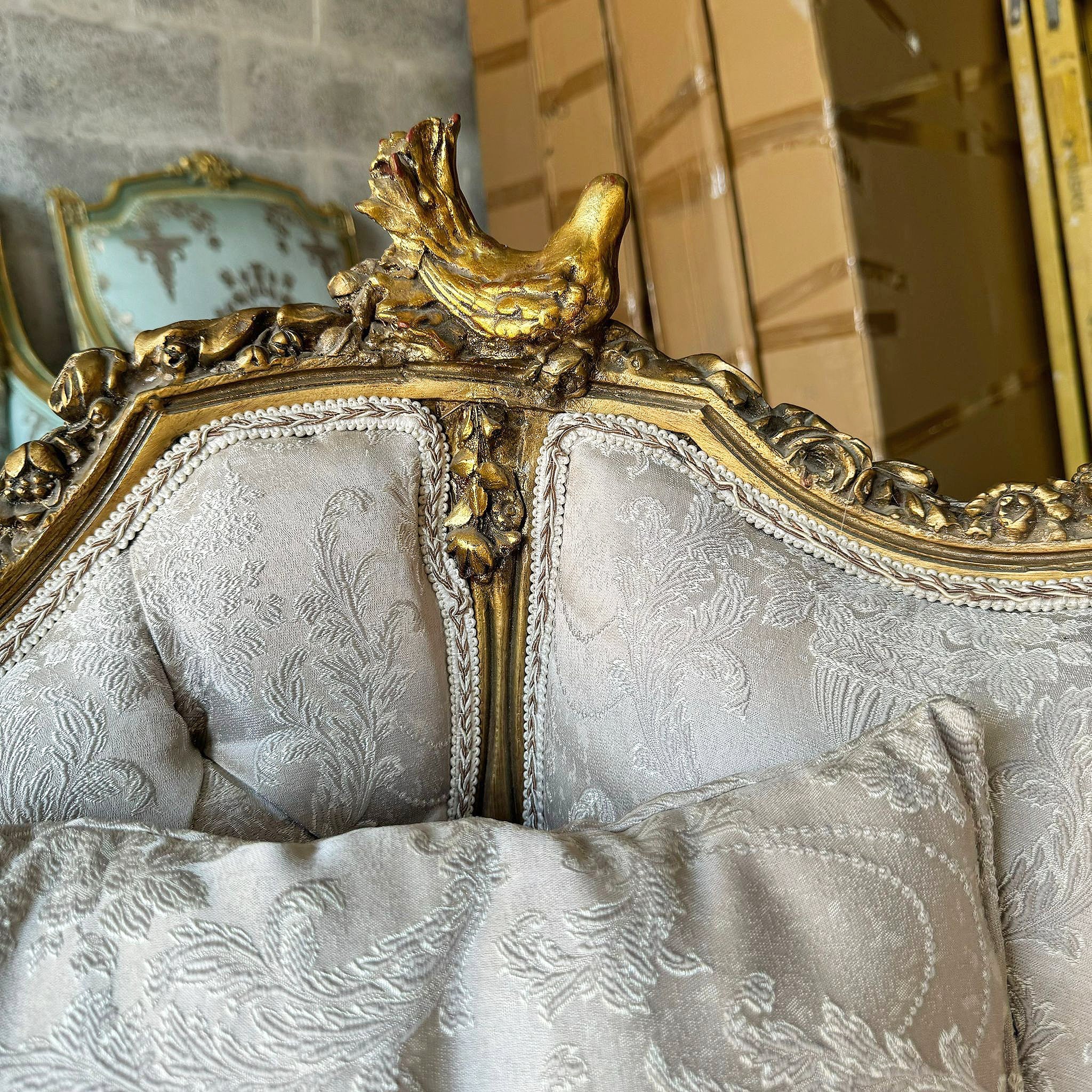 French Baroque Style Tan Beige Sofa Gold details