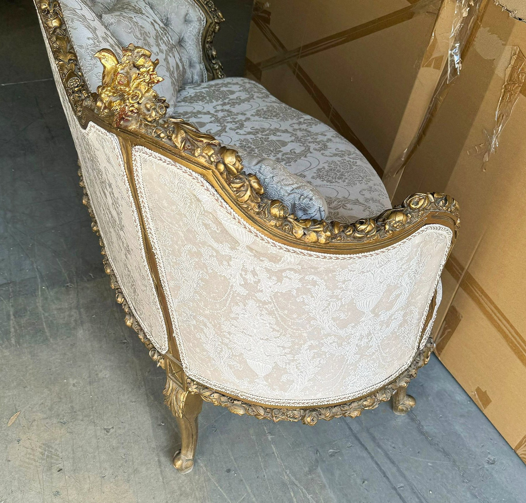 French Baroque Style Tan Beige Sofa Gold details