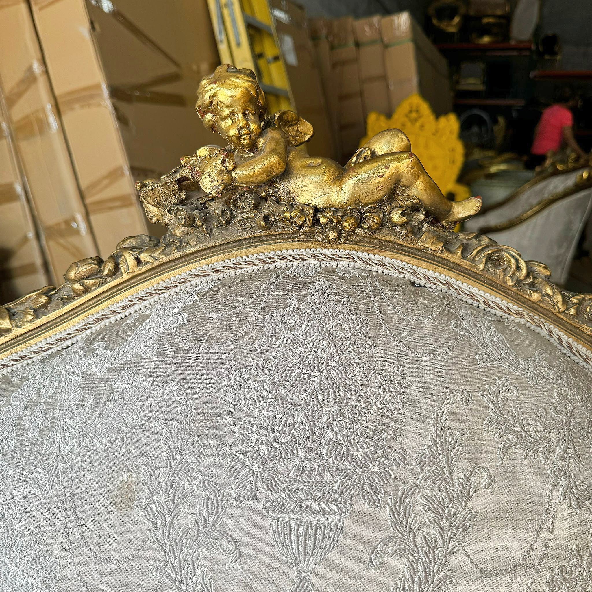 French Baroque Style Tan Beige Sofa Gold details