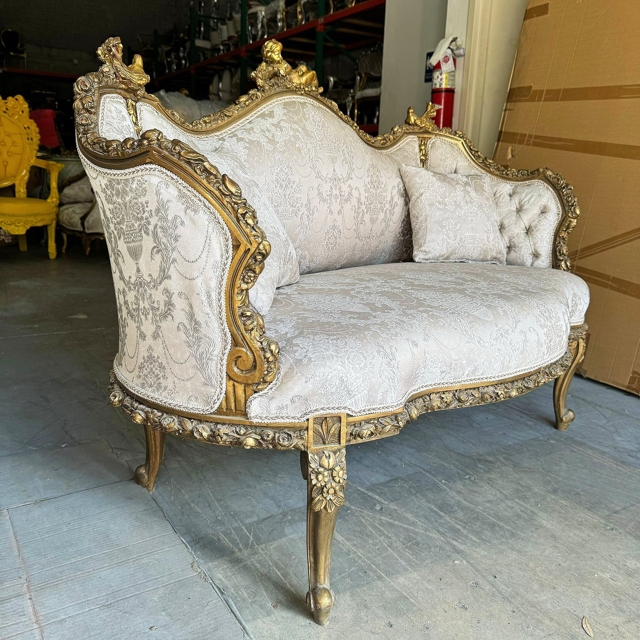 French Baroque Style Tan Beige Sofa Gold details
