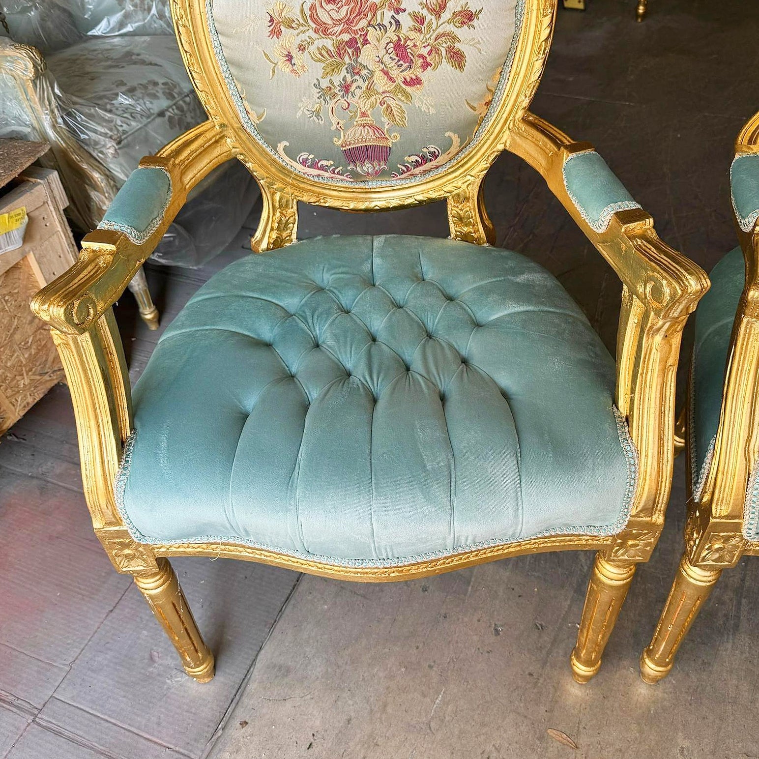 French Style Sky Blue Velvet Chair with Gold Details Rococo Baroque